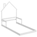 Twin Size Floor Bed with Chimney and Headboard and Handrail-White