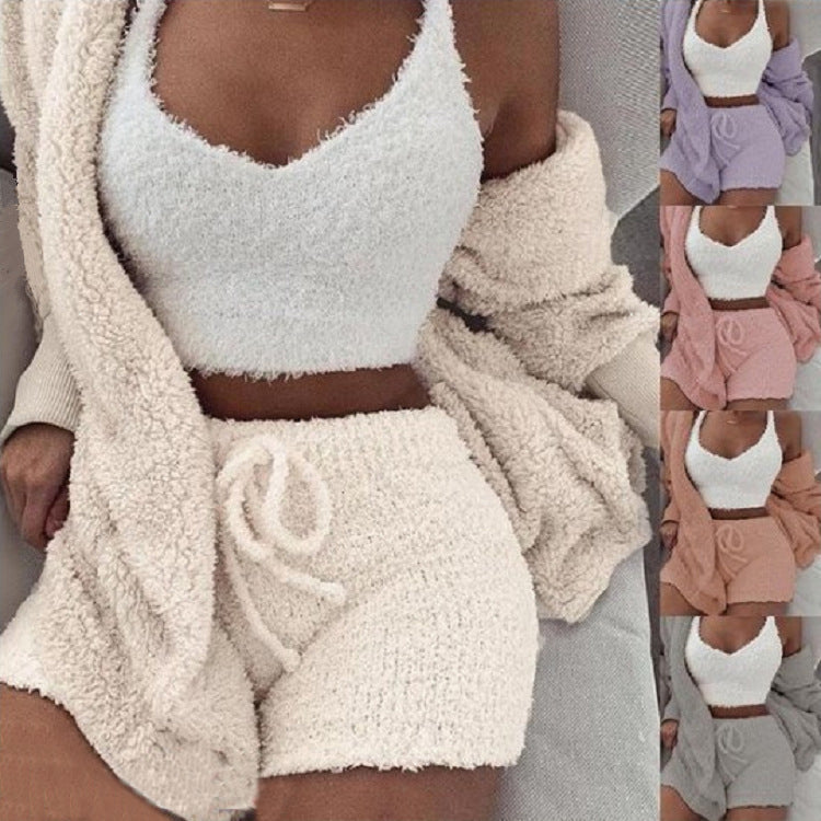 3pcs Womens Clothing Long Sleeve Crop Tank Top And Drawstring Shorts