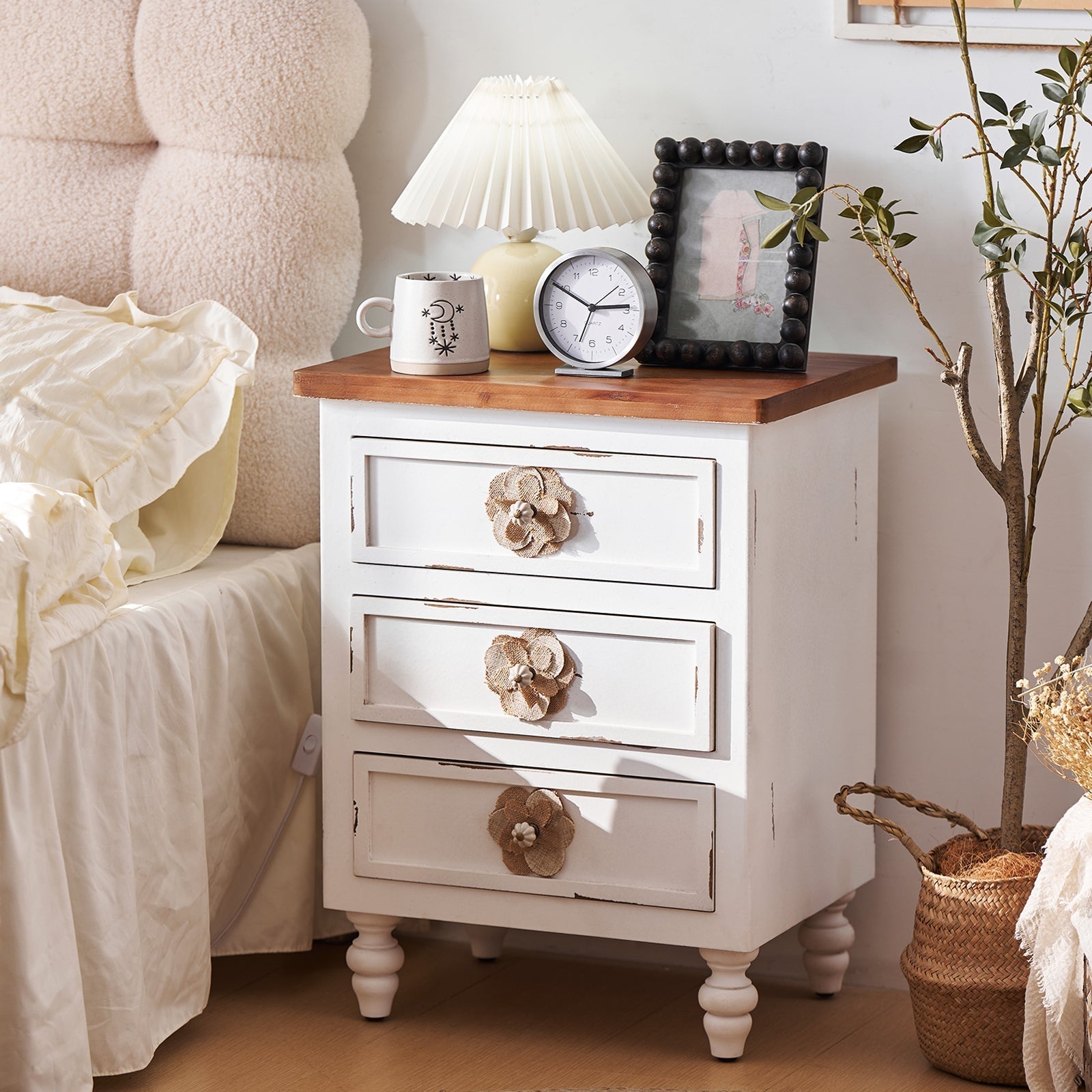 Rustic Dark Blue 3-Drawer Wooden Cabinet with Aged Finish & Floral Handles
