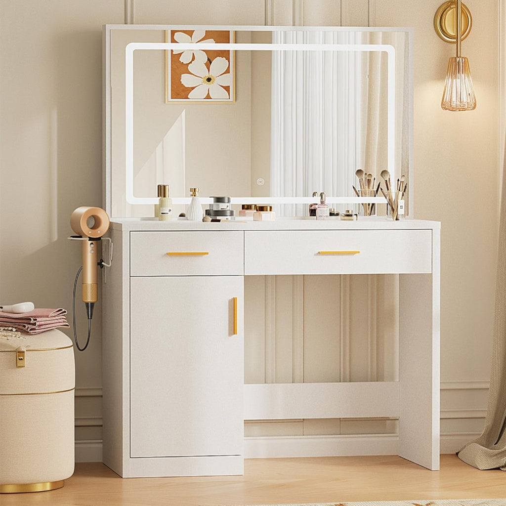 Mirror And Lights, Makeup Vanity Table With Charging Station , 2