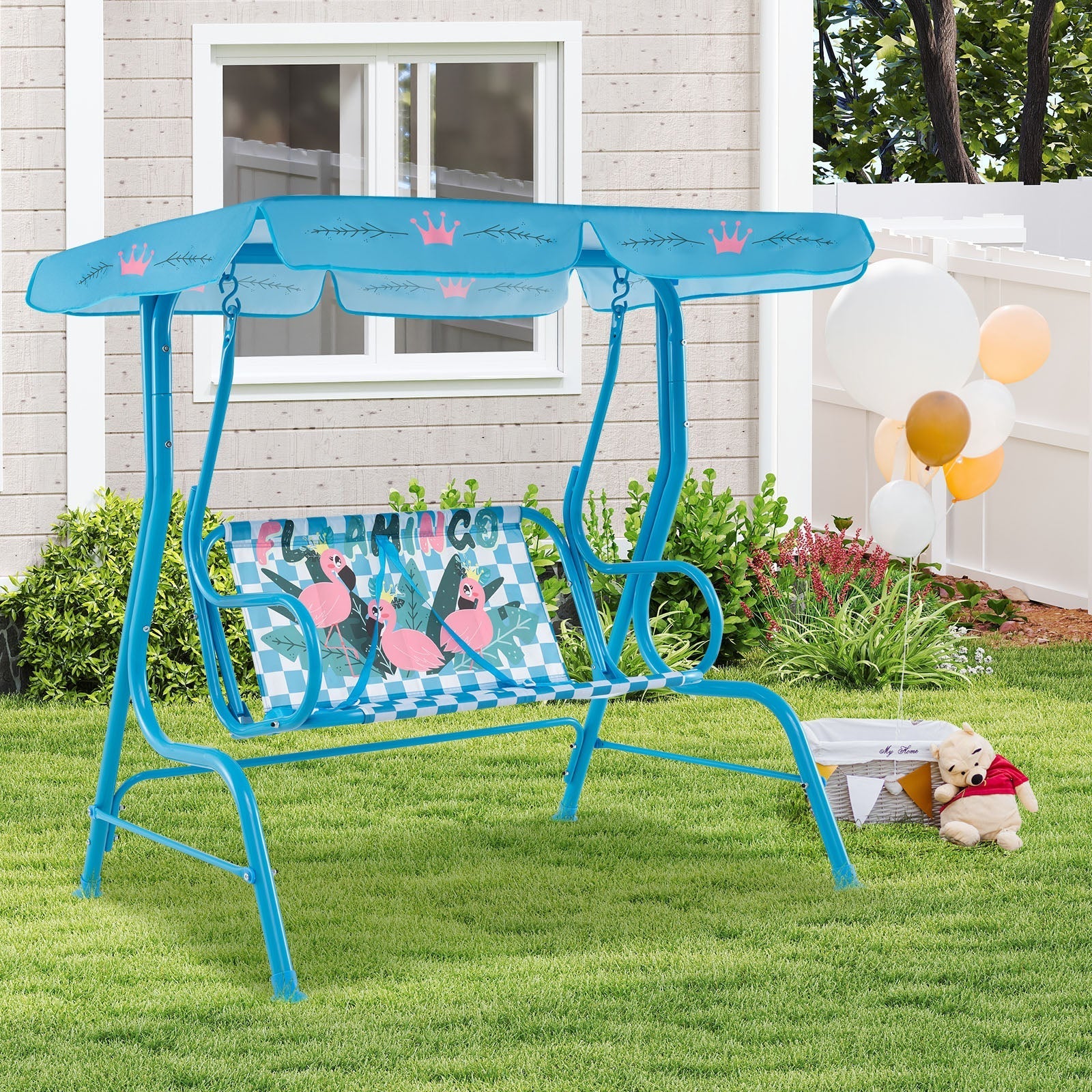 2-Seater Kids Patio Swing with Metal Stand and Adjustable Canopy-Navy