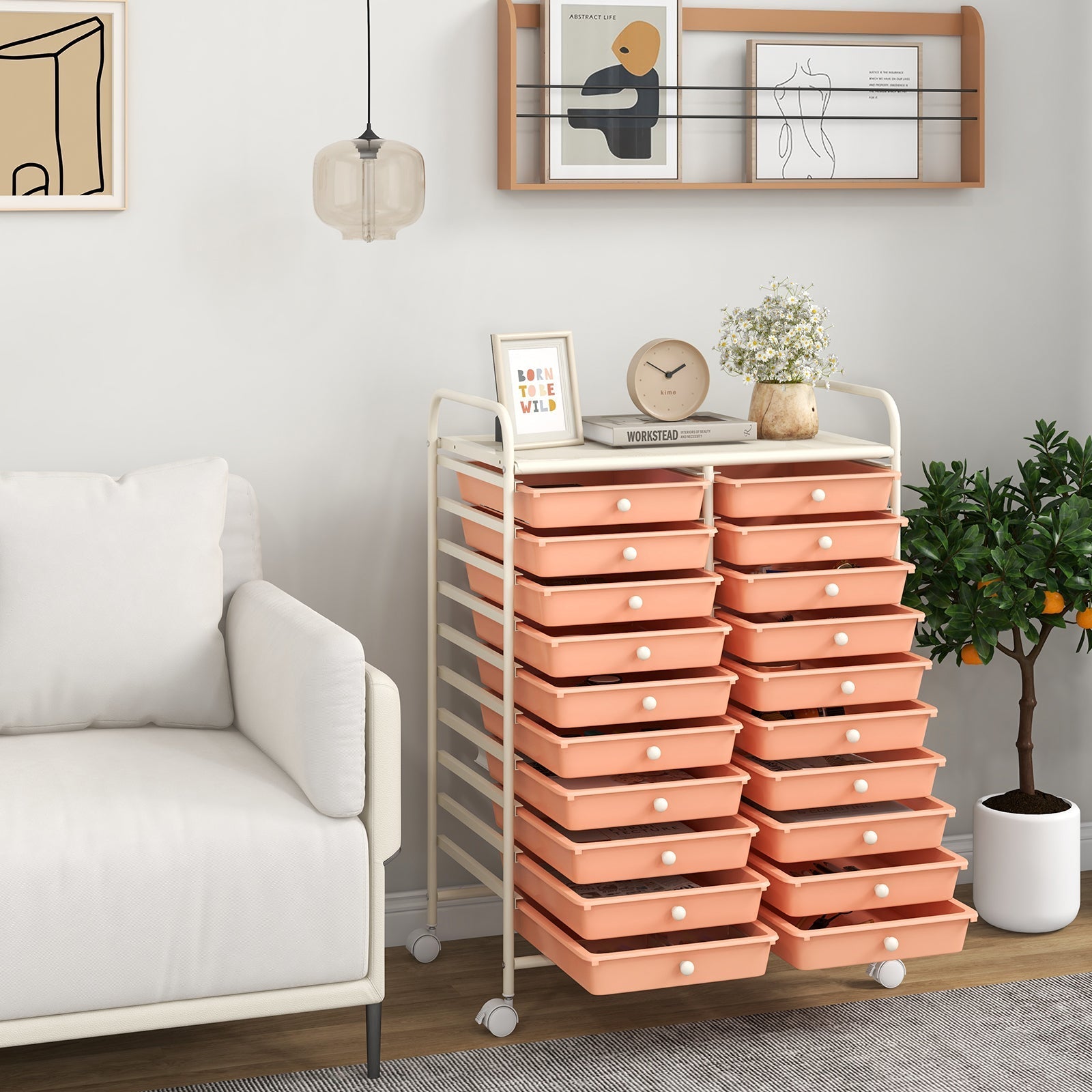 20 Drawers Rolling Storage Cart Studio Organizer-Peach