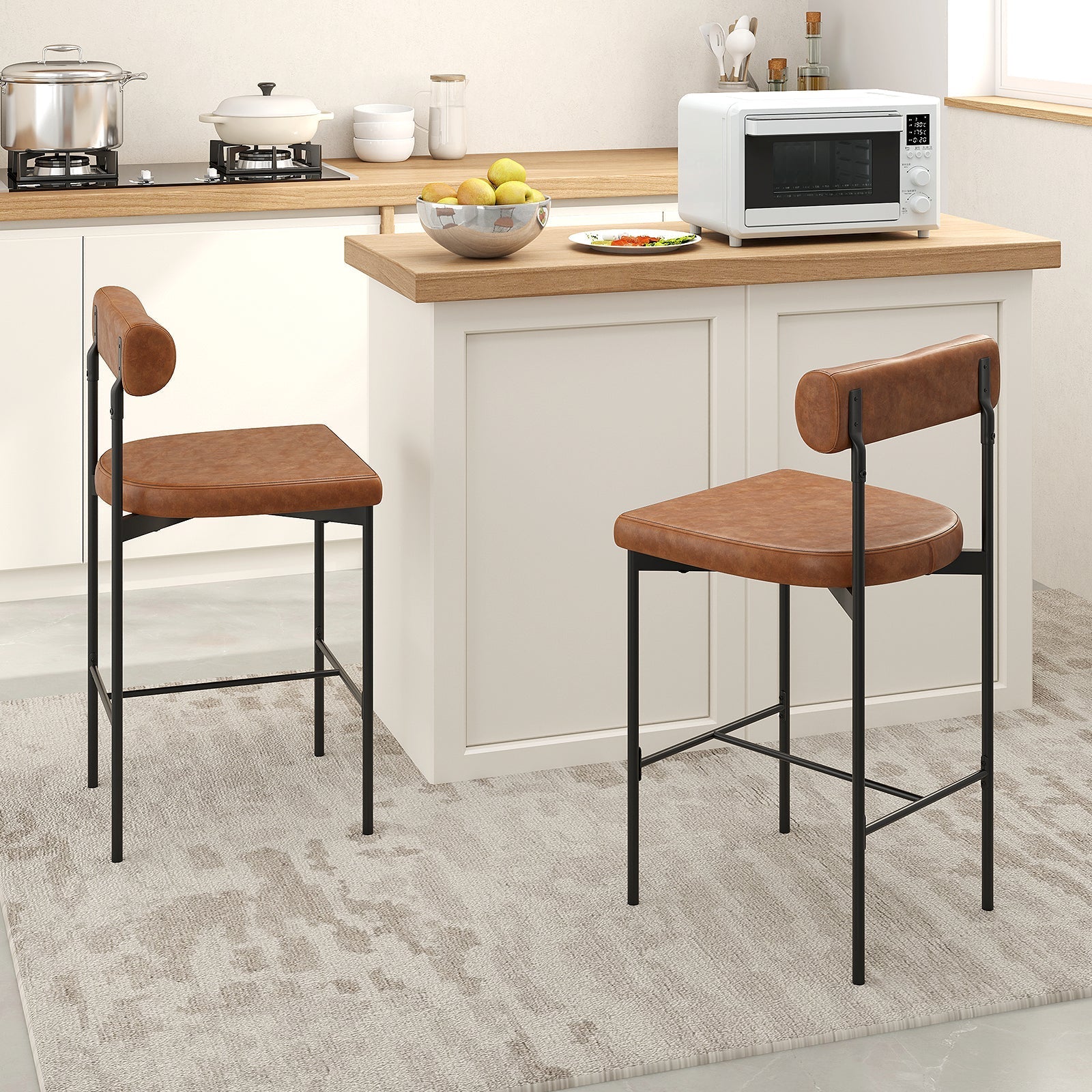 20 Inch Upholstered Bar Stools Set of 2 Counter Height Bar Chairs with  Backrest-Brown