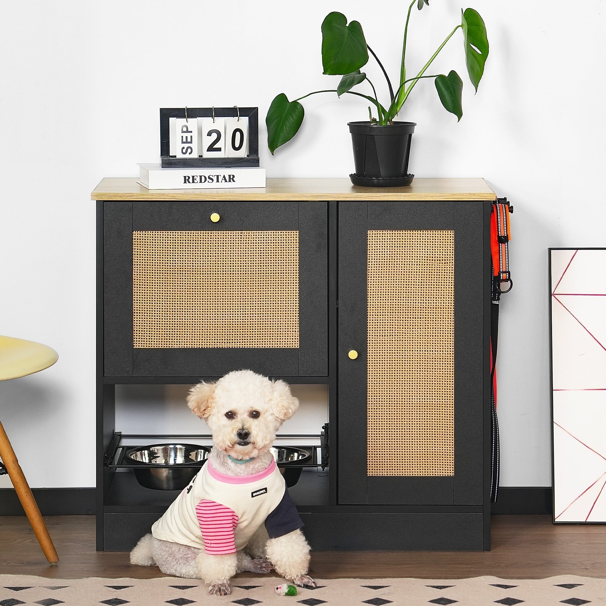 Feeding Station with 2 Lockers and Elevated Bowls Black