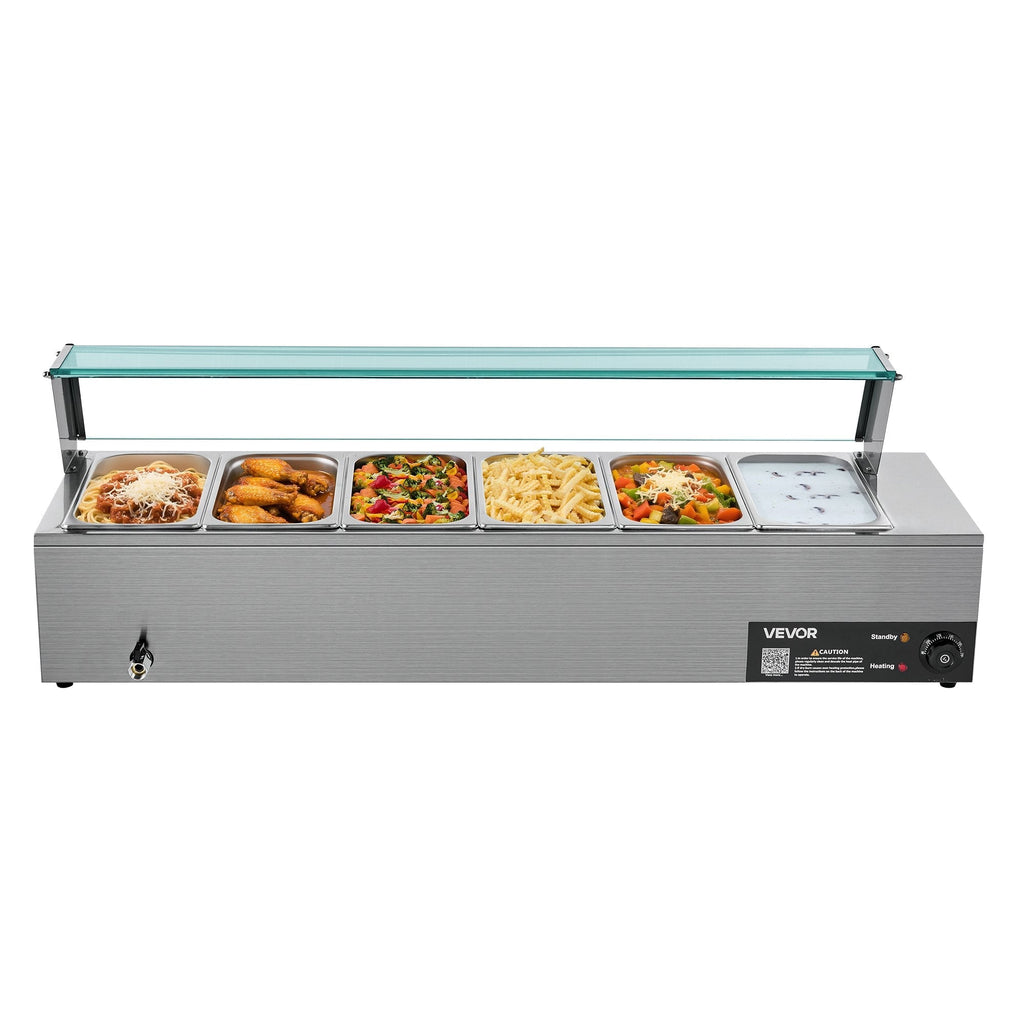 Commercial Food Warmer 6 X 1/3 Size Pans Buffet Bain Marie With Glass