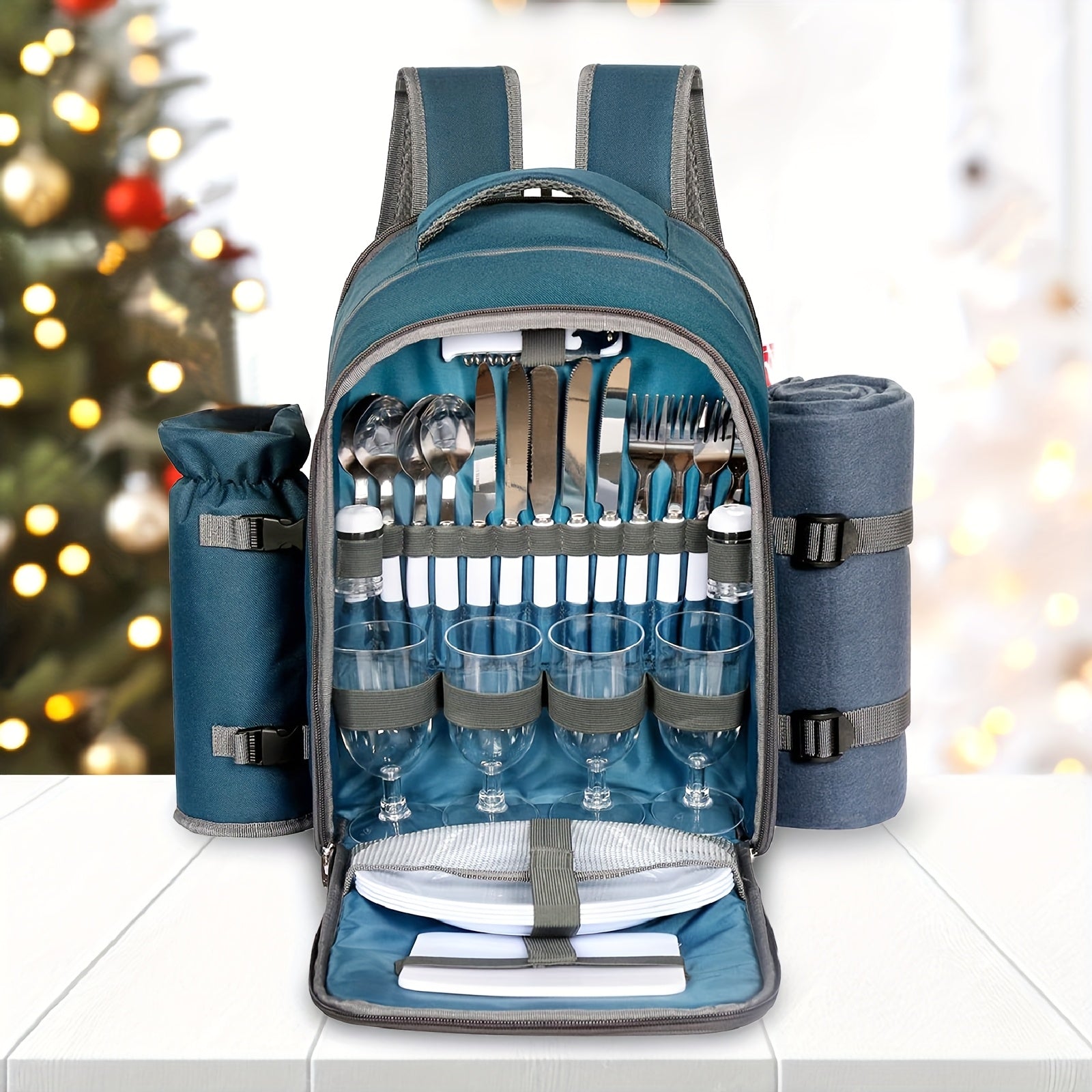 4-Person Picnic Backpack with Cooler Compartment, Detachable Bottle/Wine Holder, Fleece Blanket, Plates & Cutlery Set - Perfect for Outdoor, Sports, Hiking, Camping, BBQs (Coffee), Camping Essentials | Stylish Picnic Bag | St