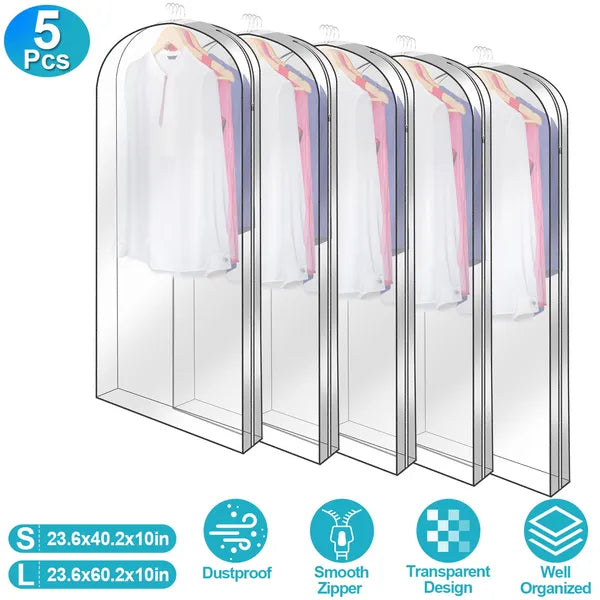 5 Pack Garment Bag For Hanging Clothes Dustproof Waterproof Hanging