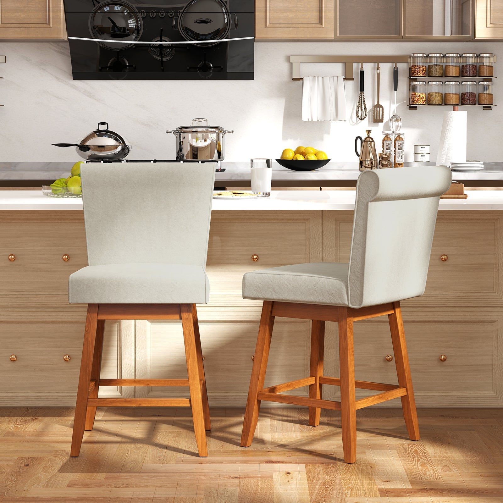 27 Inch Counter Height Bar Chairs with Rubber Wood Legs Set of 2-Beige