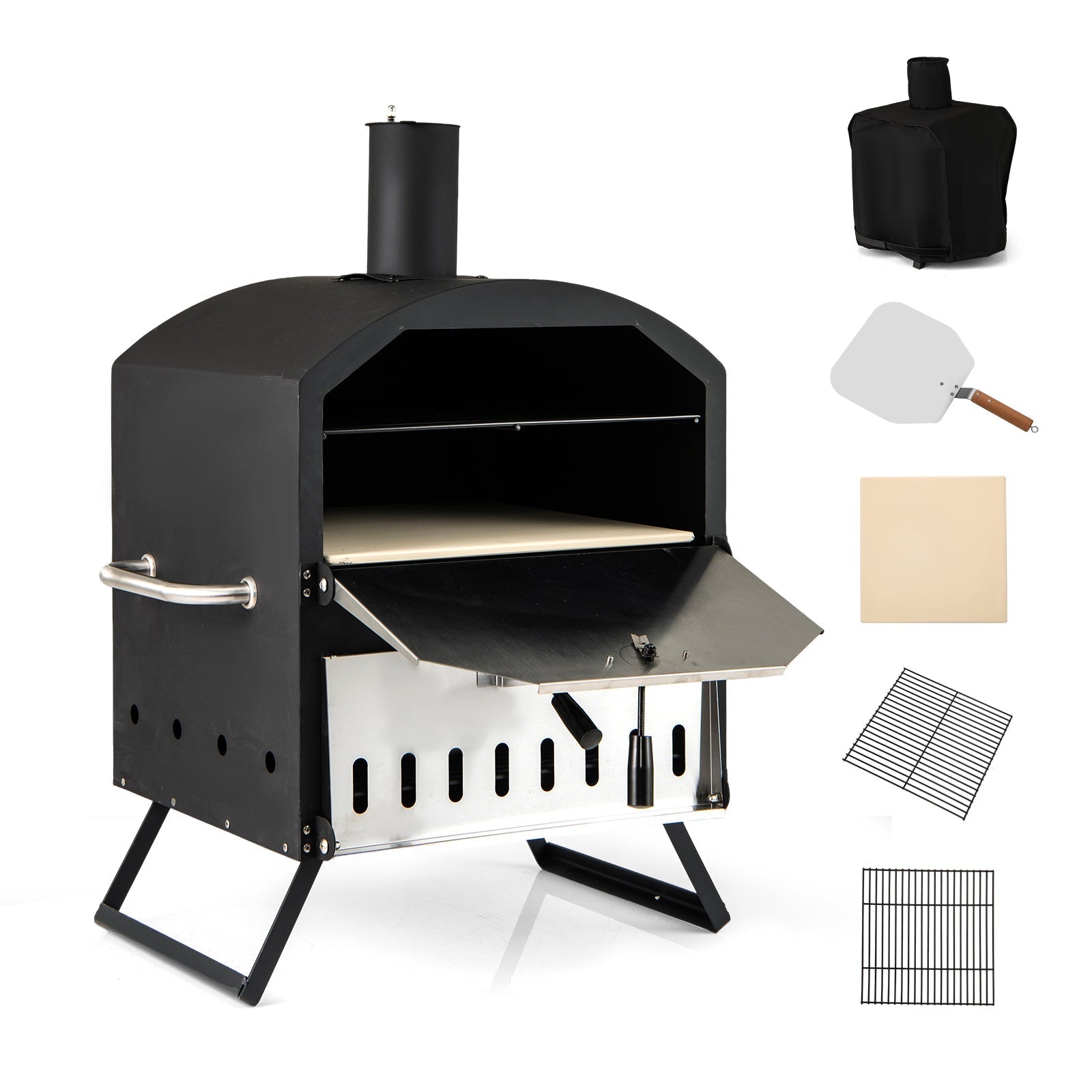 12 Inch Outdoor Pizza Oven with Pizza Stone for Patio Backyard Camping BBQ-Black