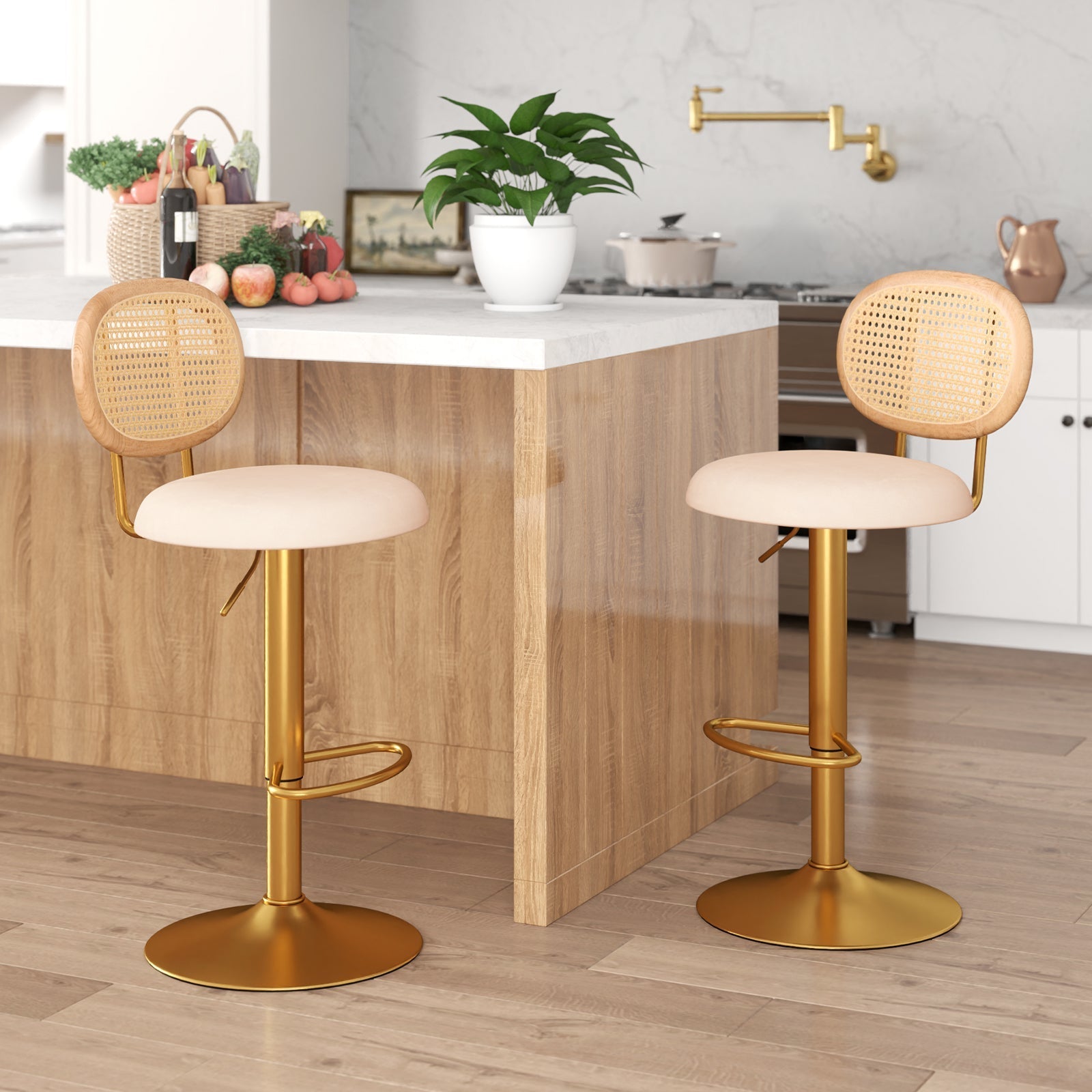 2 Pieces Bar Chairs with PE Rattan Backrest-360°Swivel and Height Adjustable