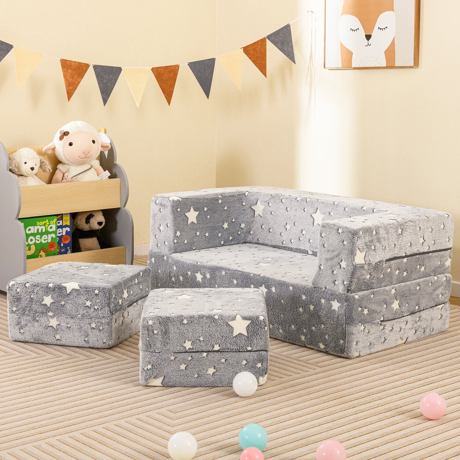 2 Seater Kids Play Couch with Removable and Machine Washable Flannel Cover-Gray