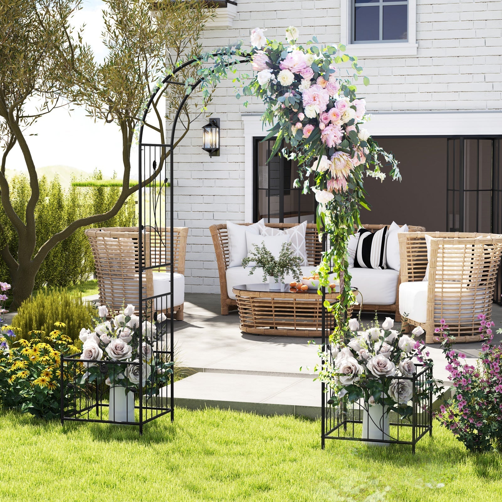 2 in 1 Garden Arbor with 2 Side Planters and 8 Ground Stakes-Black