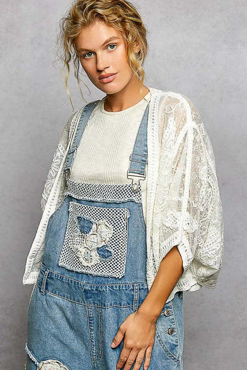 POL Open Front Crochet Cardigan with Floral Embroidery