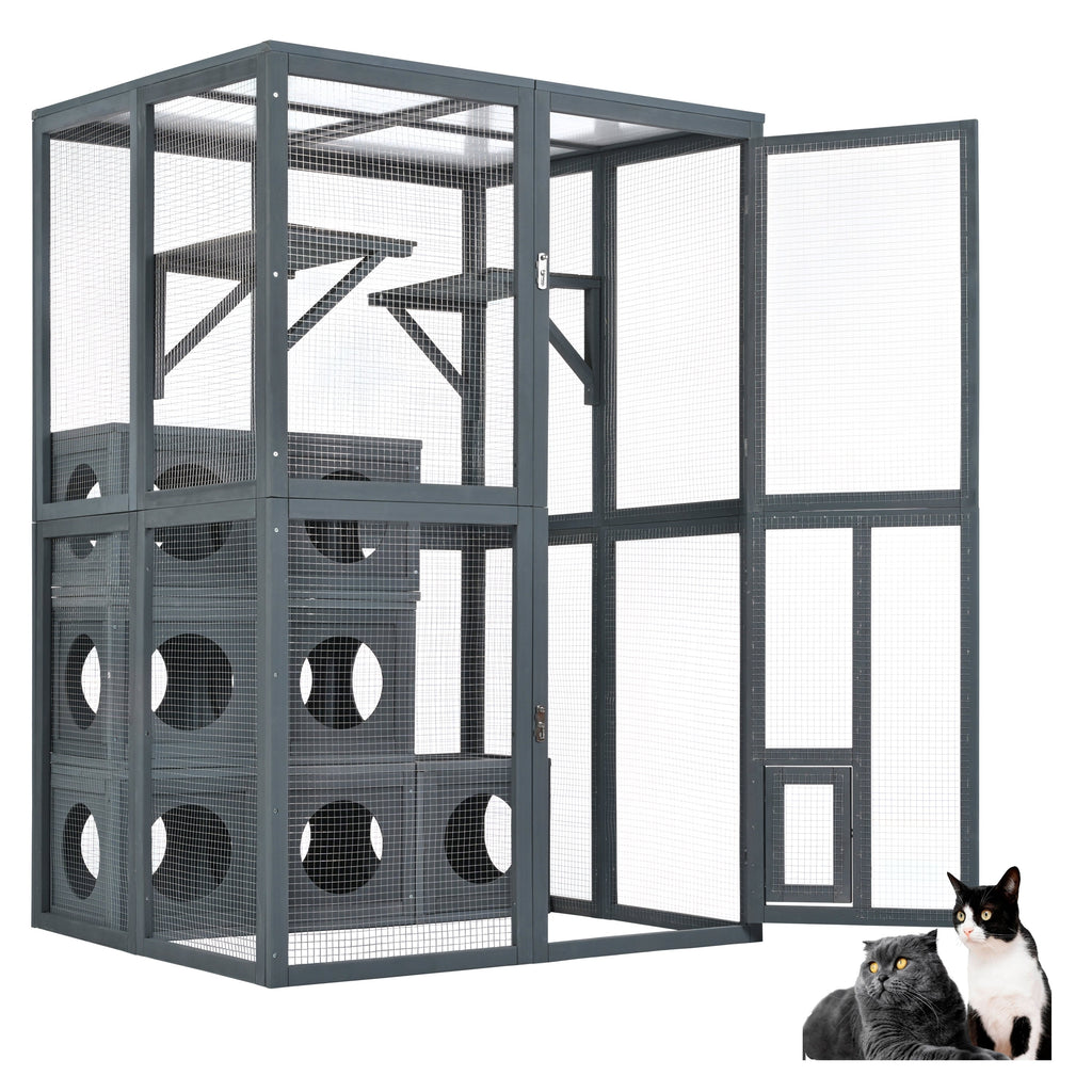 Grey Pine Wood Outdoor Cat House with Shelves and Weather Protection