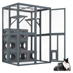 Grey Pine Wood Outdoor Cat House with Shelves and Weather Protection