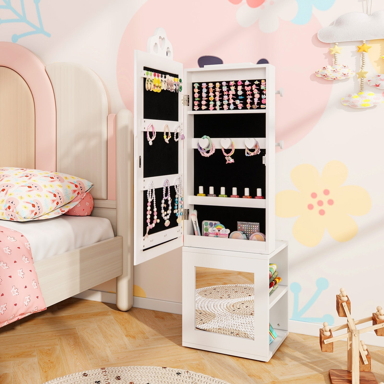 3-in-1 Freestanding Kids Jewelry Cabinet Armoire with Full Length Mirror-White