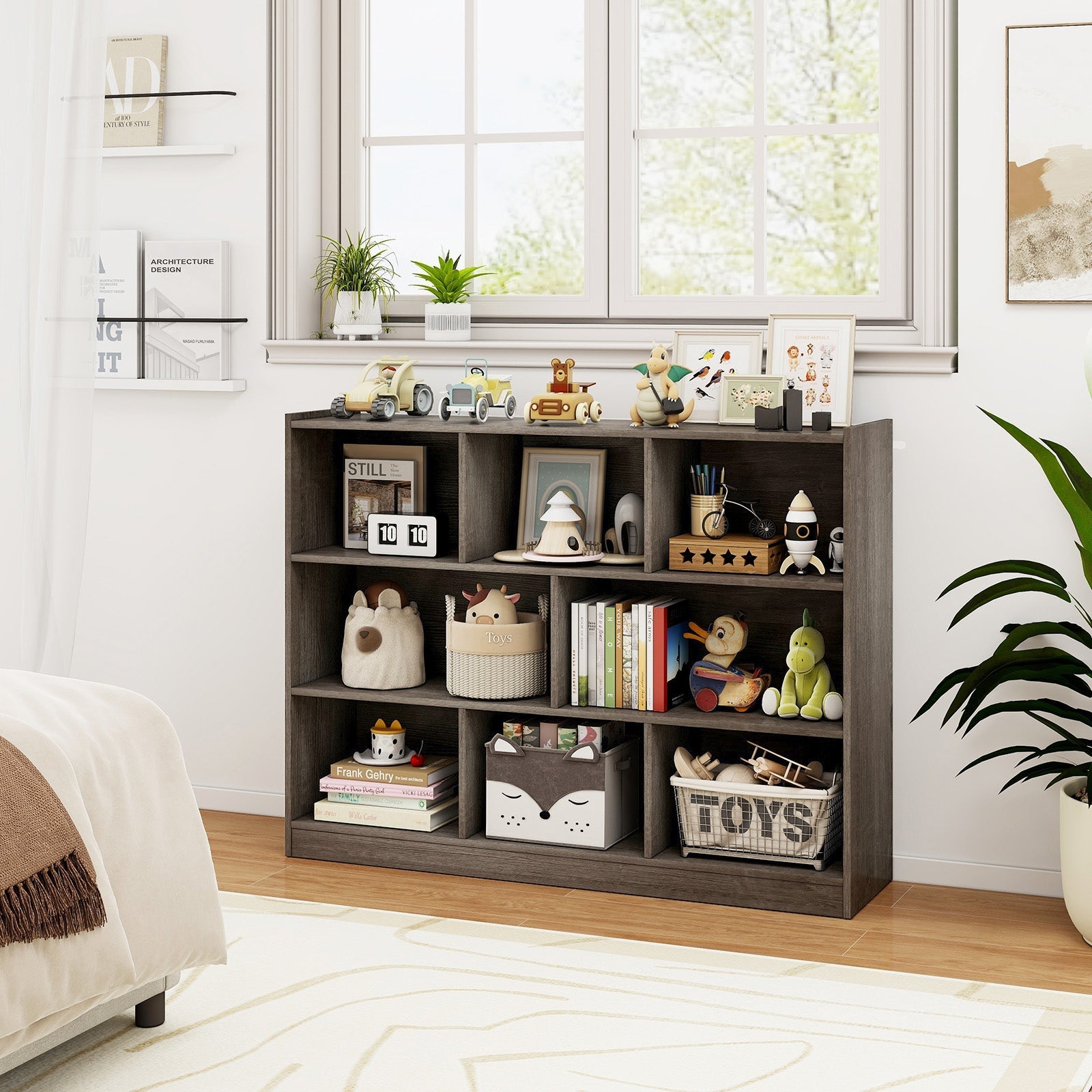 3-Tier Open Bookcase 8-Cube Floor Standing Storage Shelves Display Cabinet-Gray