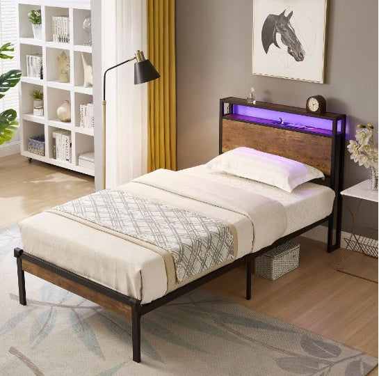 Twin Size Metal Platform Bed Frame With Wooden Headboard And Footboard