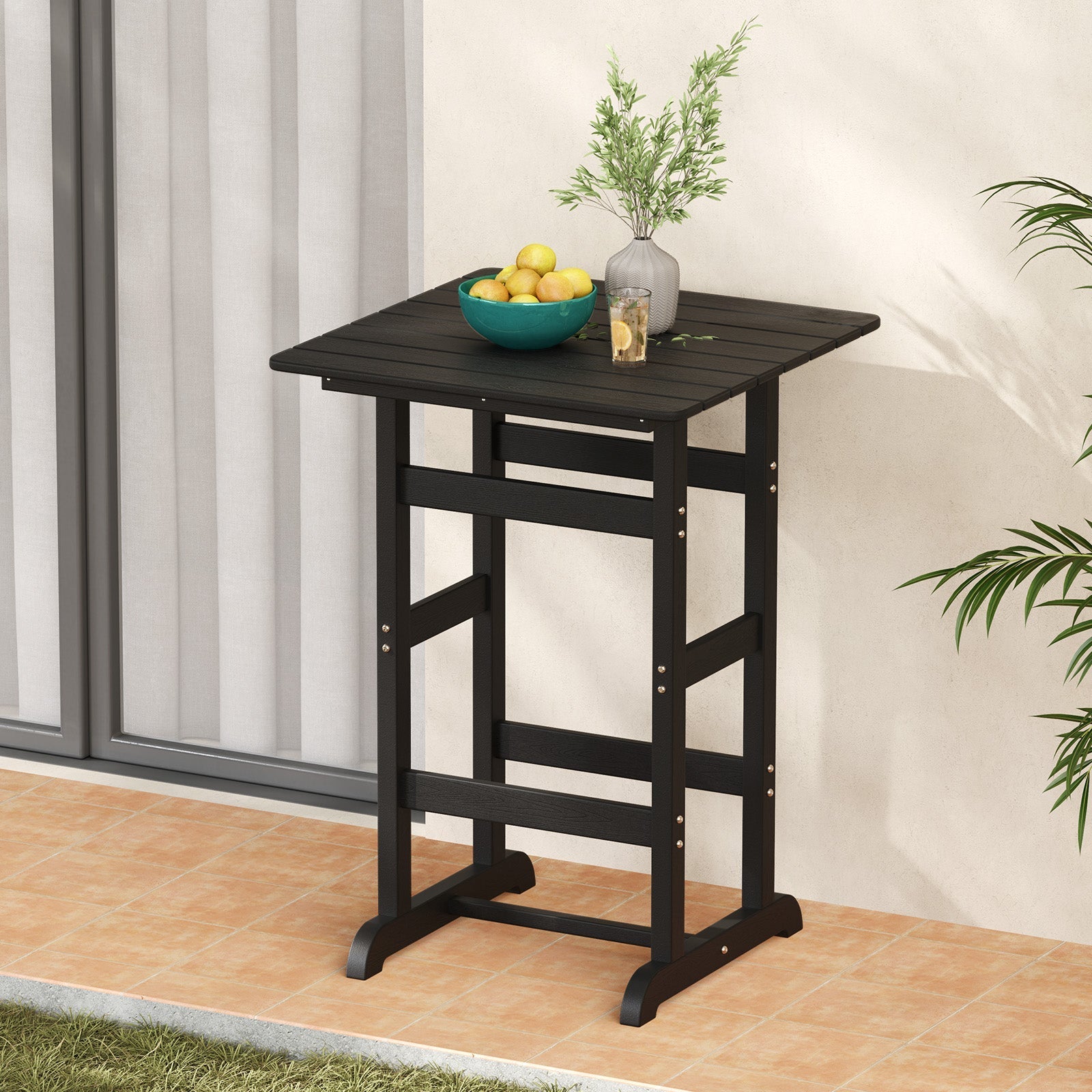 30 Inch Square Bar Table Dining Table with Slatted Tabletop for Poolside-Black