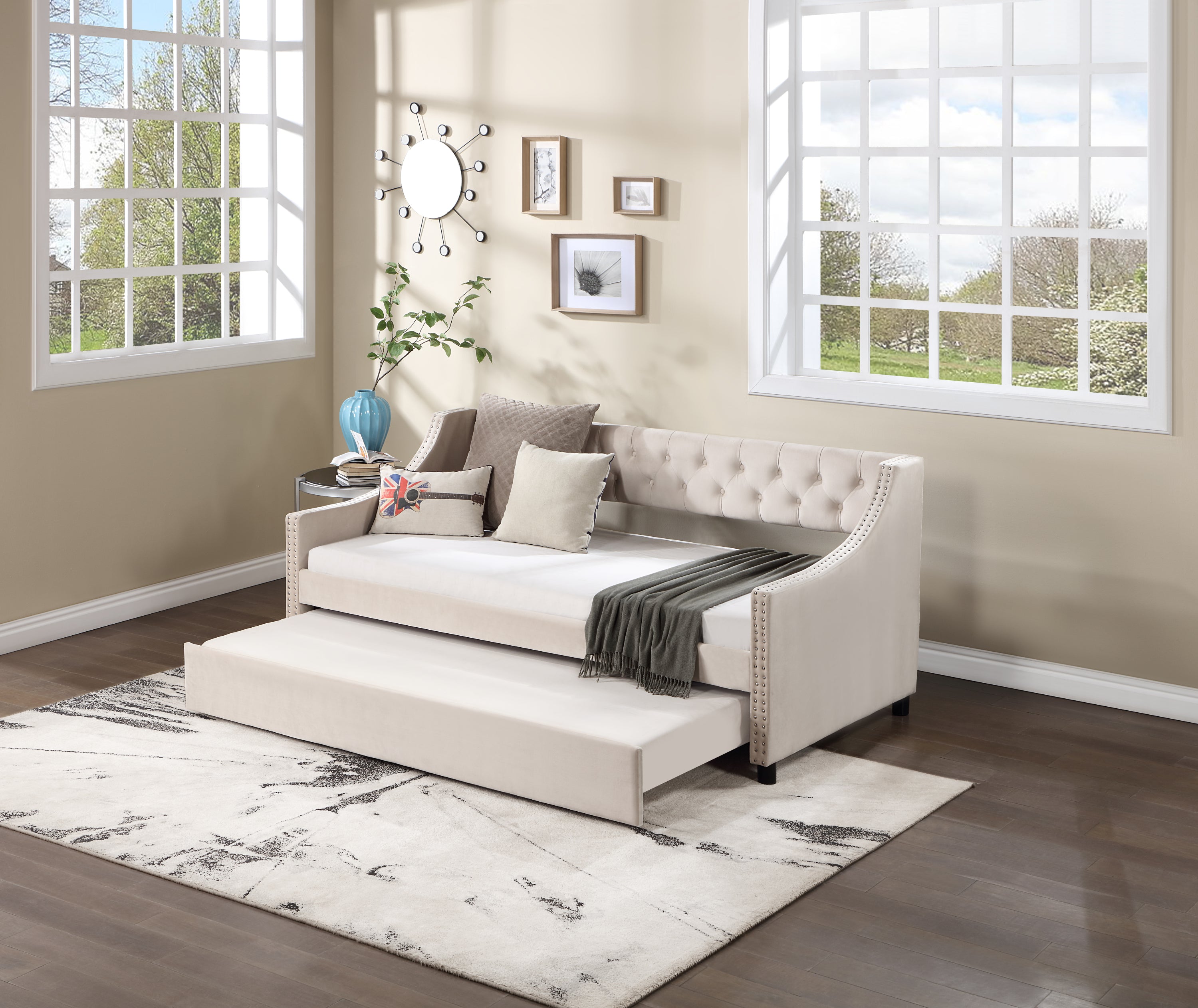 Daybed with Trundle Upholstered Tufted Sofa Bed Arms Full Size Beige