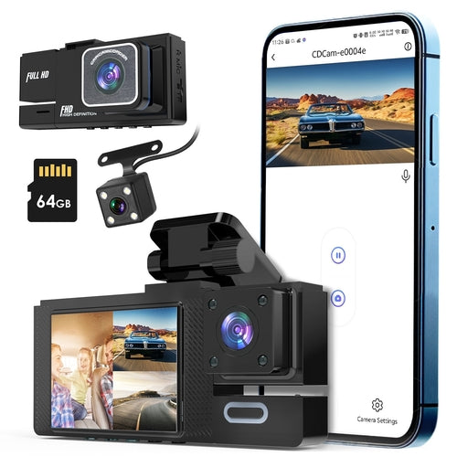 1Pc WiFi FHD 1080P Car Dash Cam 3 Channels Front Rear Inside Dash