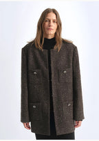 Circle Texture Sequined Wool Tweed Round Neck Long Chanel Style Coat