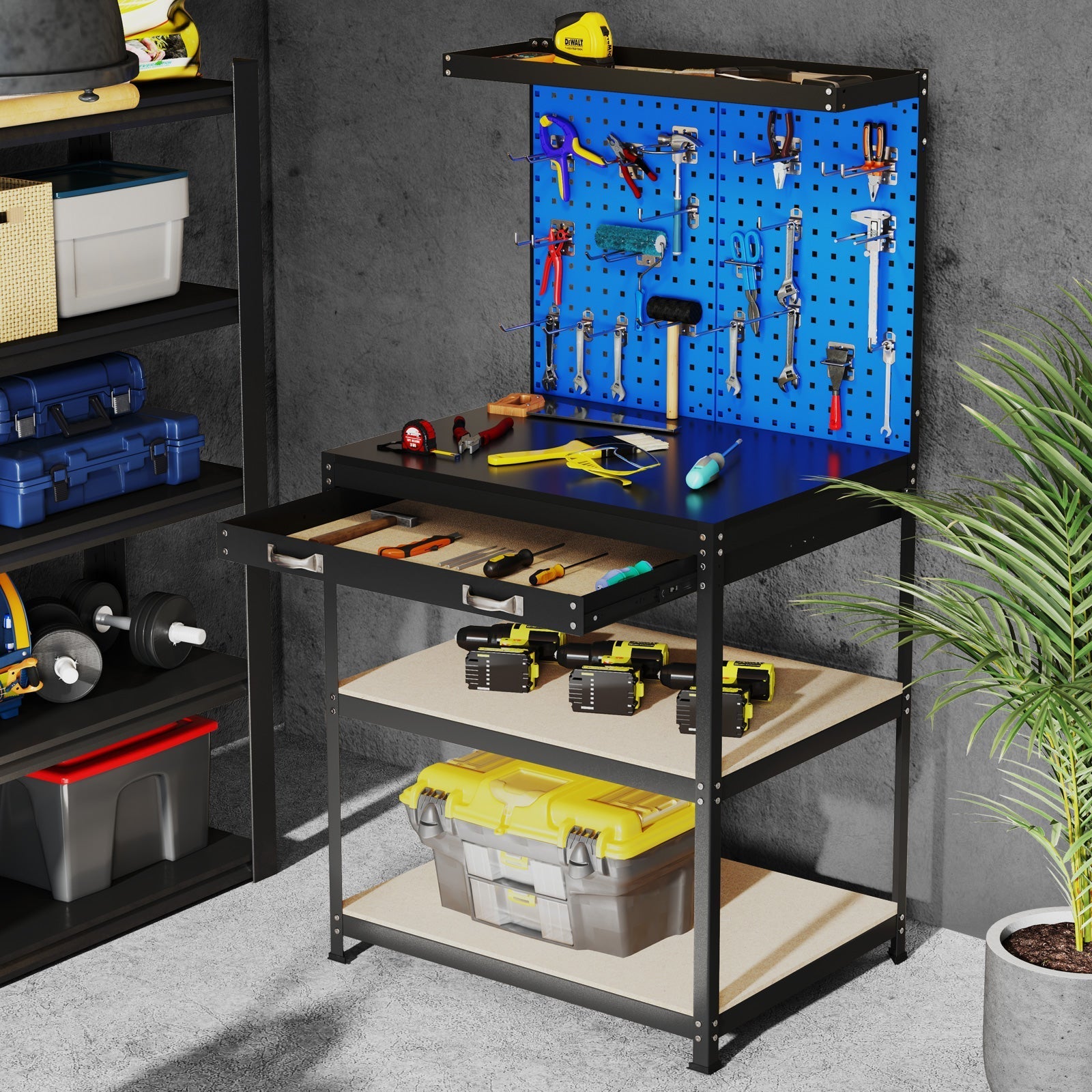 32 x 16 Inch Workbench Work Table with 2 PCs Pegboard Drawer and Shelves-Navy