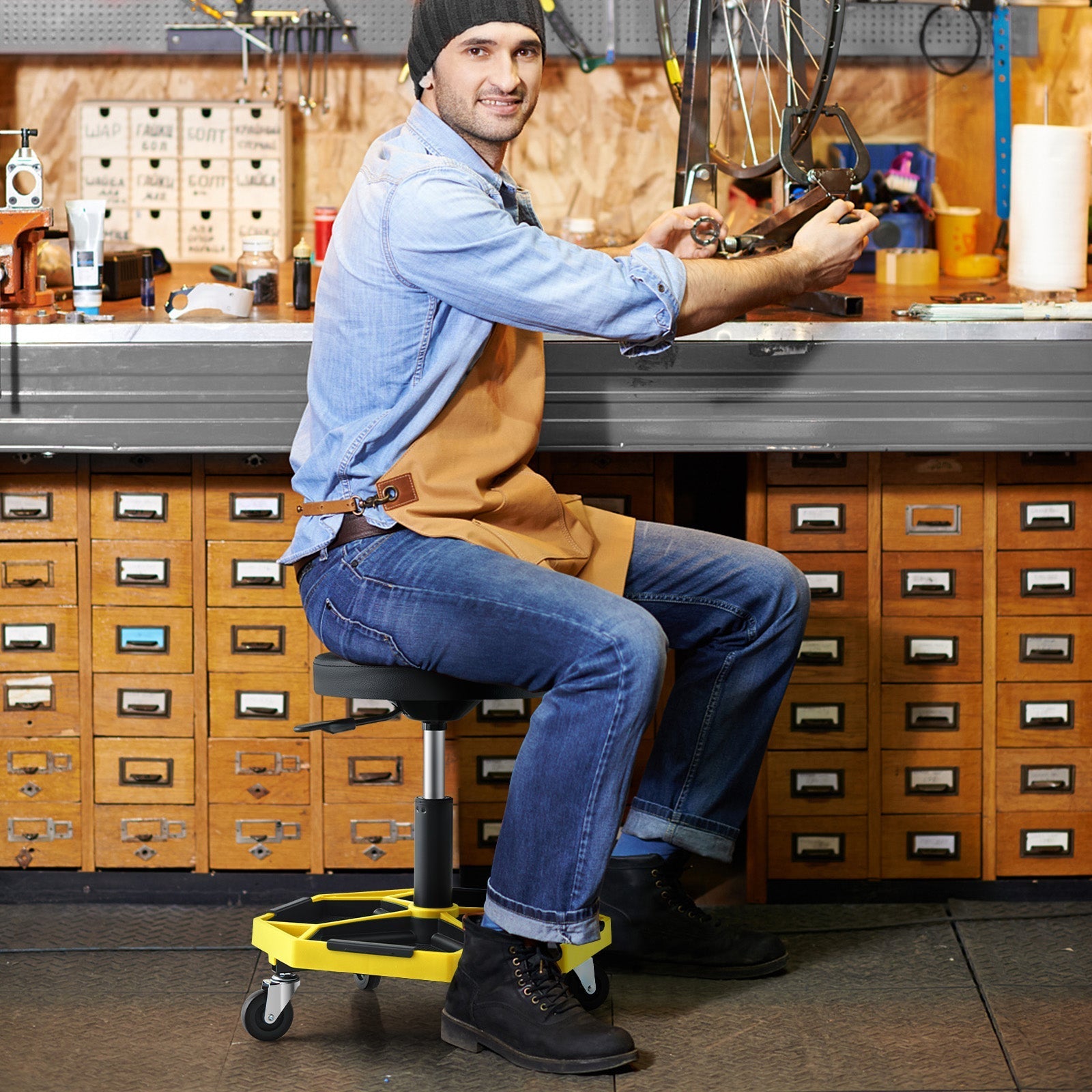 330 LBS Capacity Pneumatic Rolling Mechanic Stool with Padded Seat-Yellow