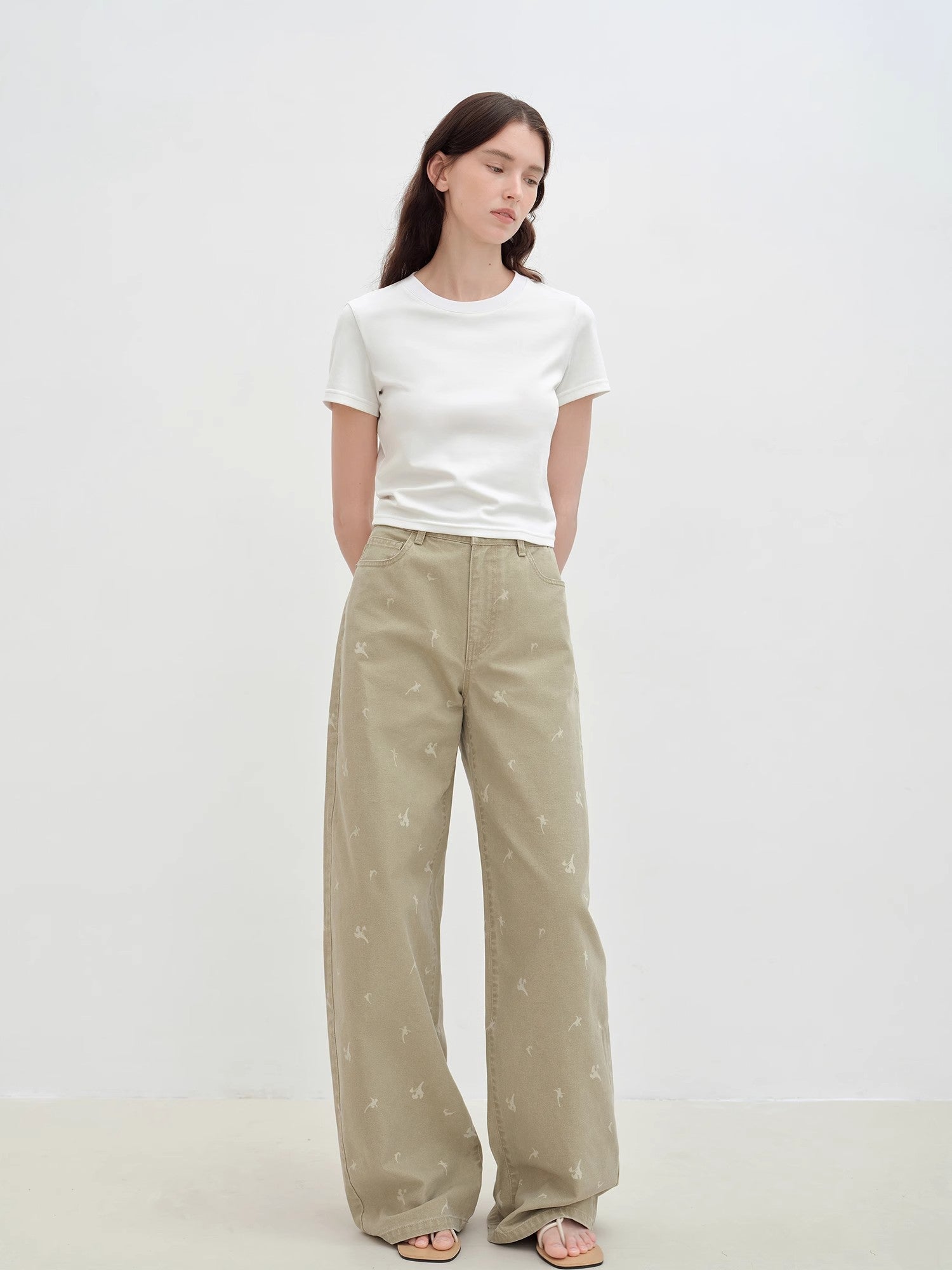 "Carol Pie" loose high-waisted wide-leg calla lily print jeans for
