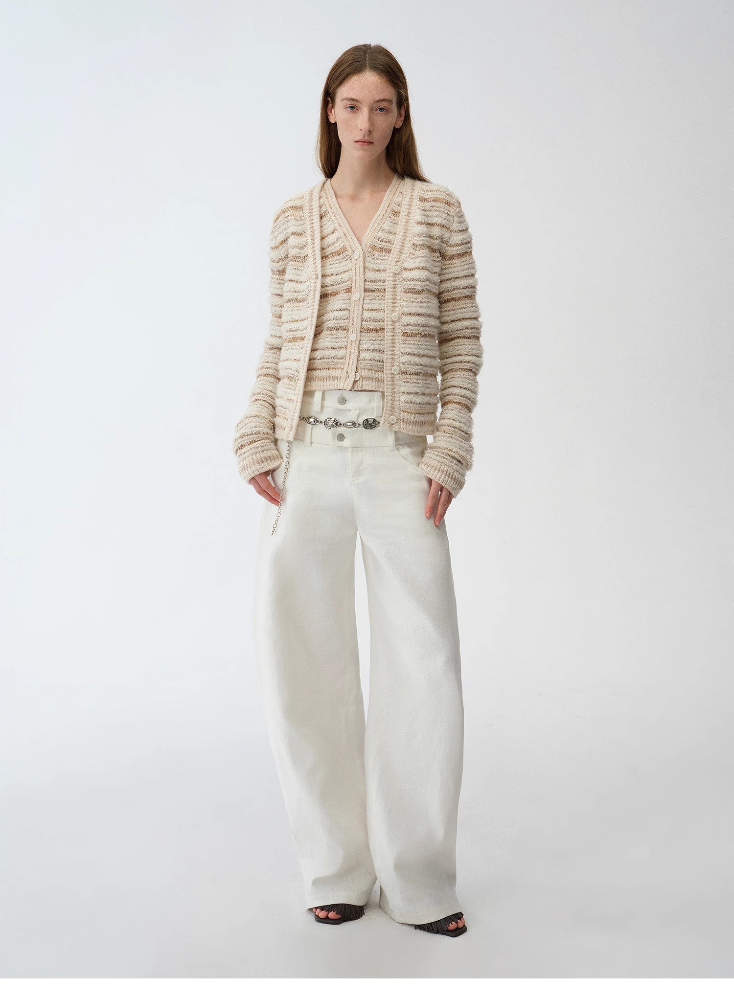 "Nice Weekend" striped mixed woven V-neck early spring layered knitted