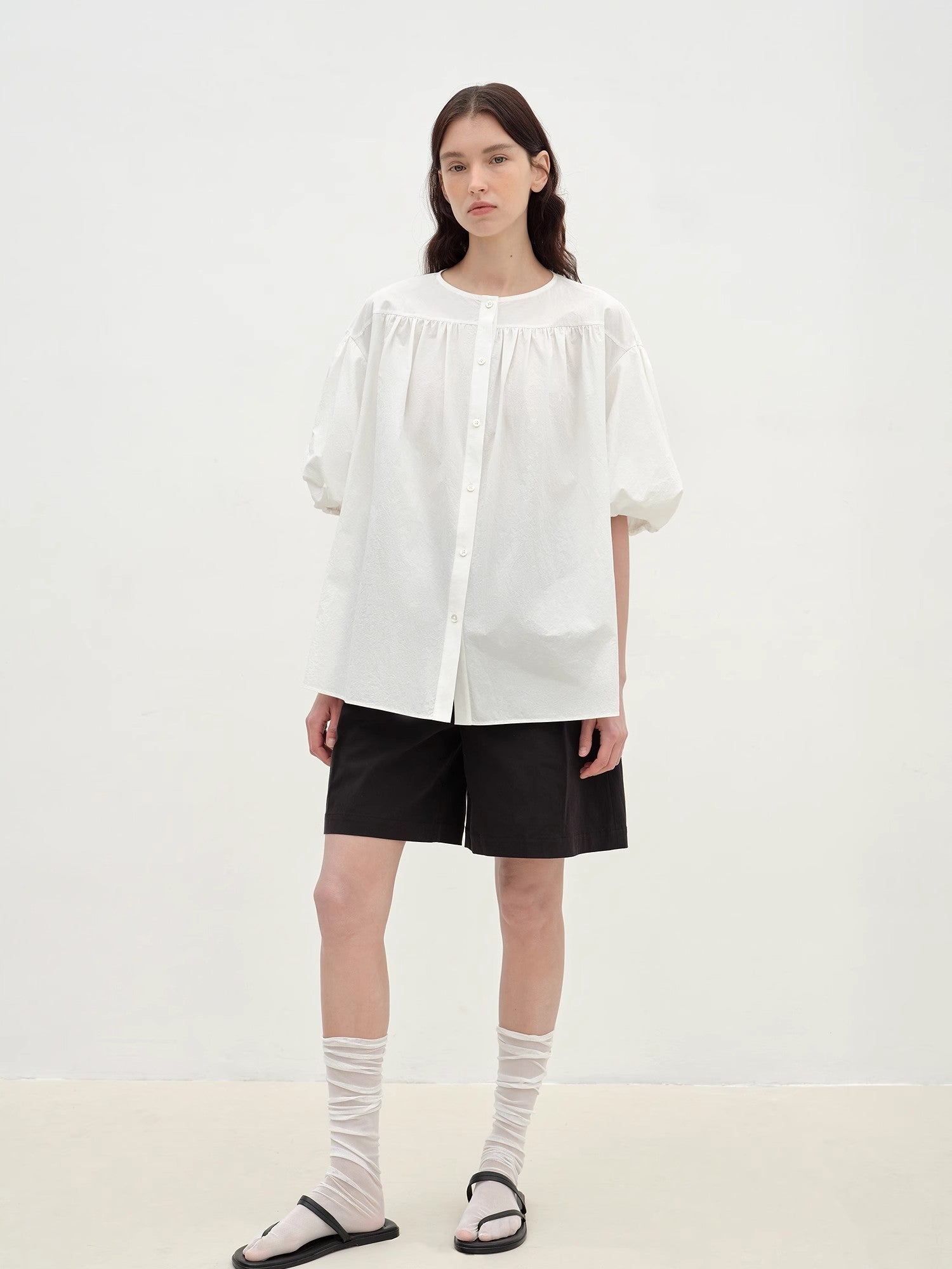 "Romantic Line Drawing" Pure Cotton Slightly Wrinkled Puff Sleeve