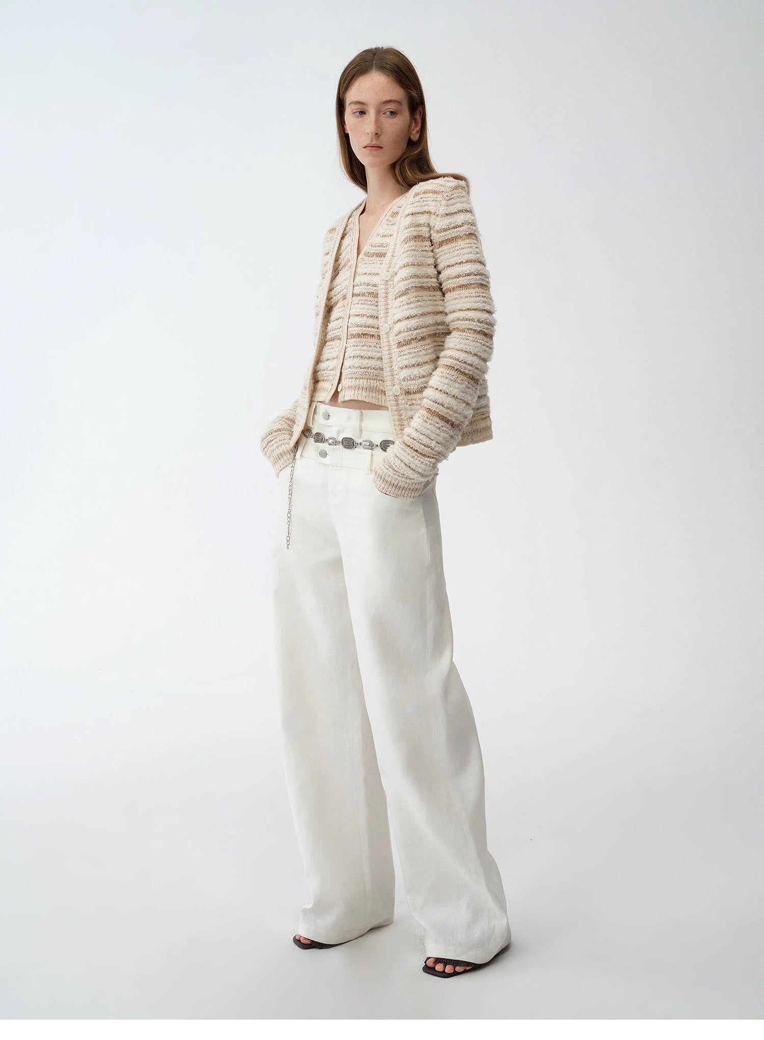 "Nice Weekend" striped mixed woven V-neck early spring layered knitted