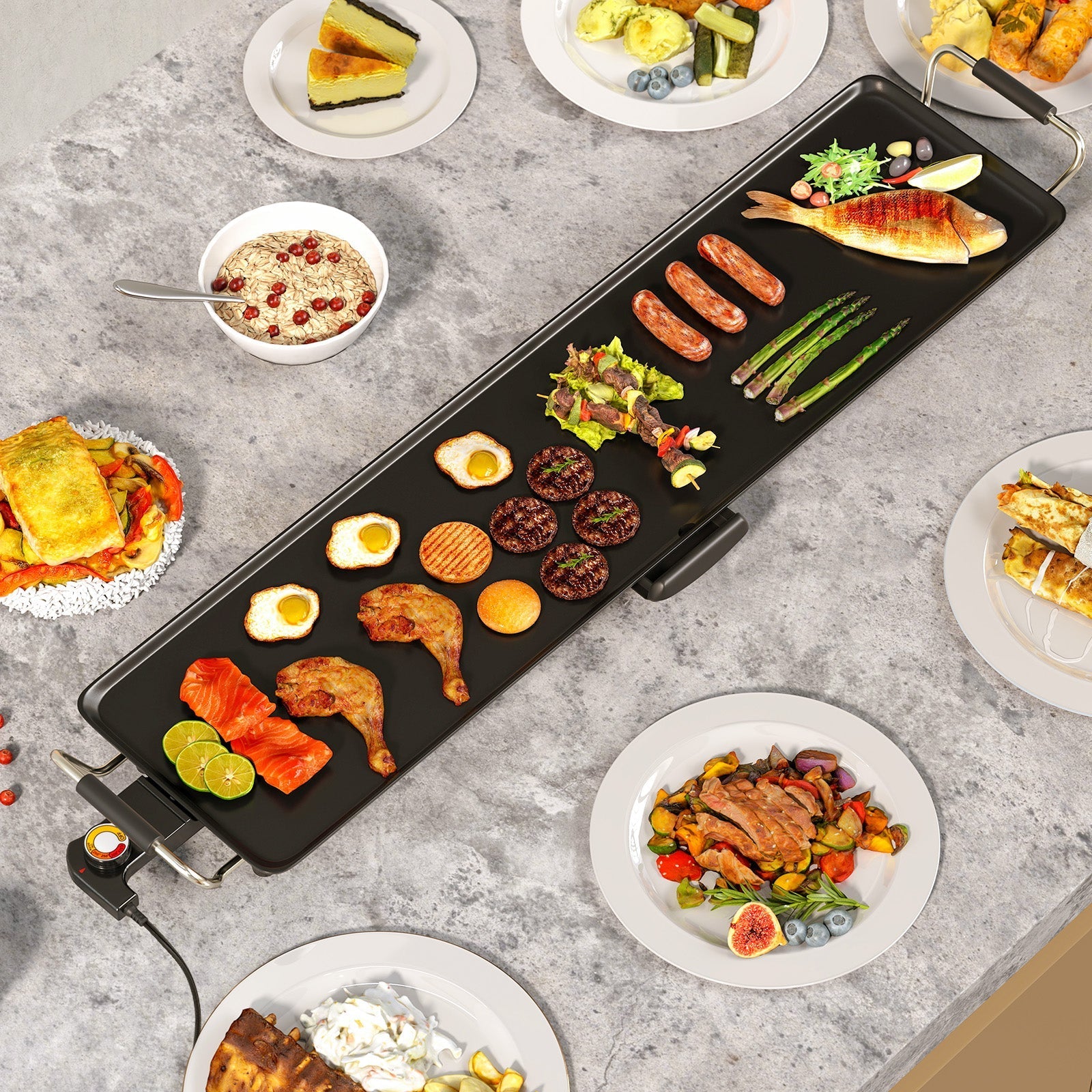 35 Inch Large Electric Griddle Nonstick BBQ Grill with Adjustable Temperature-M