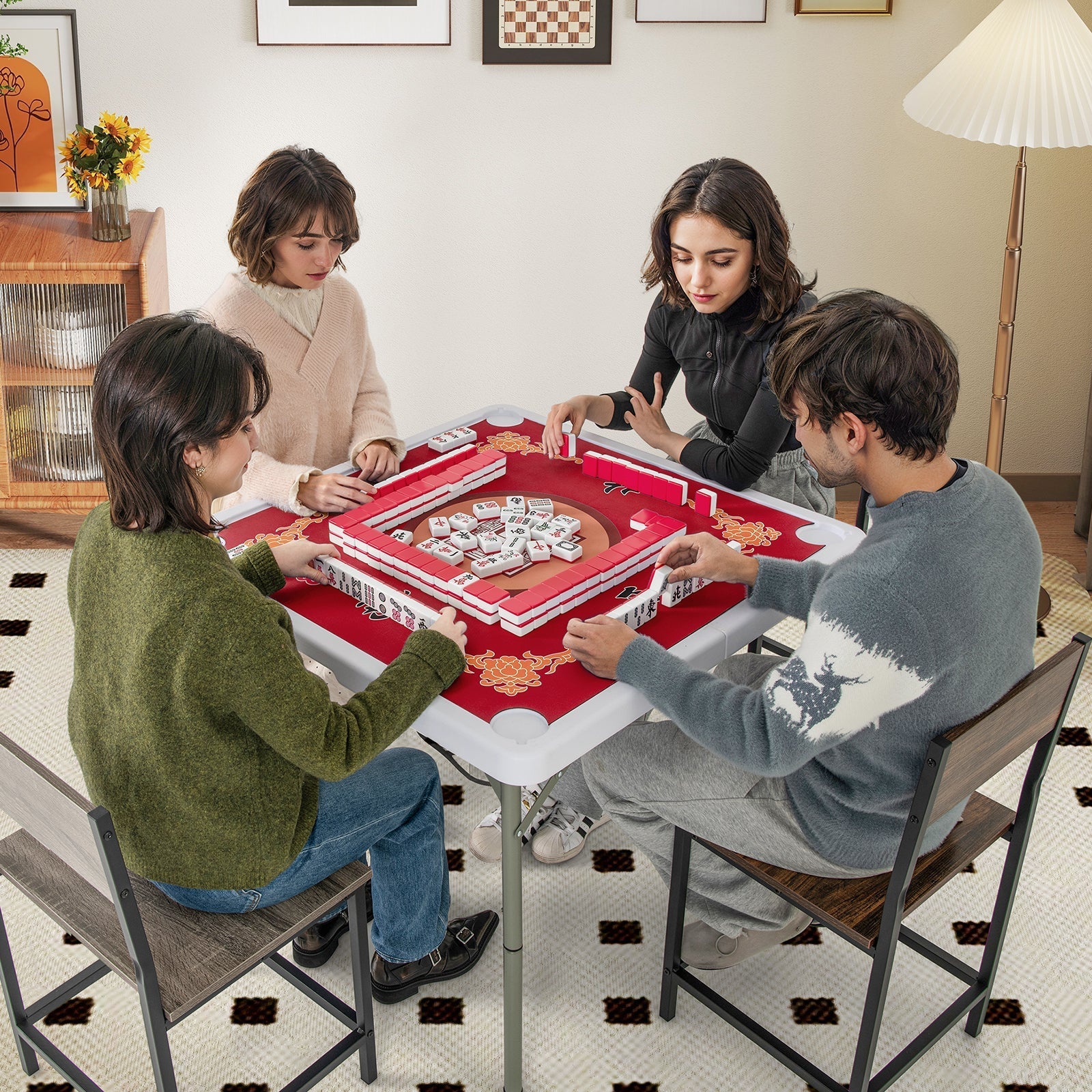 35 Inch 4 Player Game Card Folding Mahjong Table with Cup Holders-Red