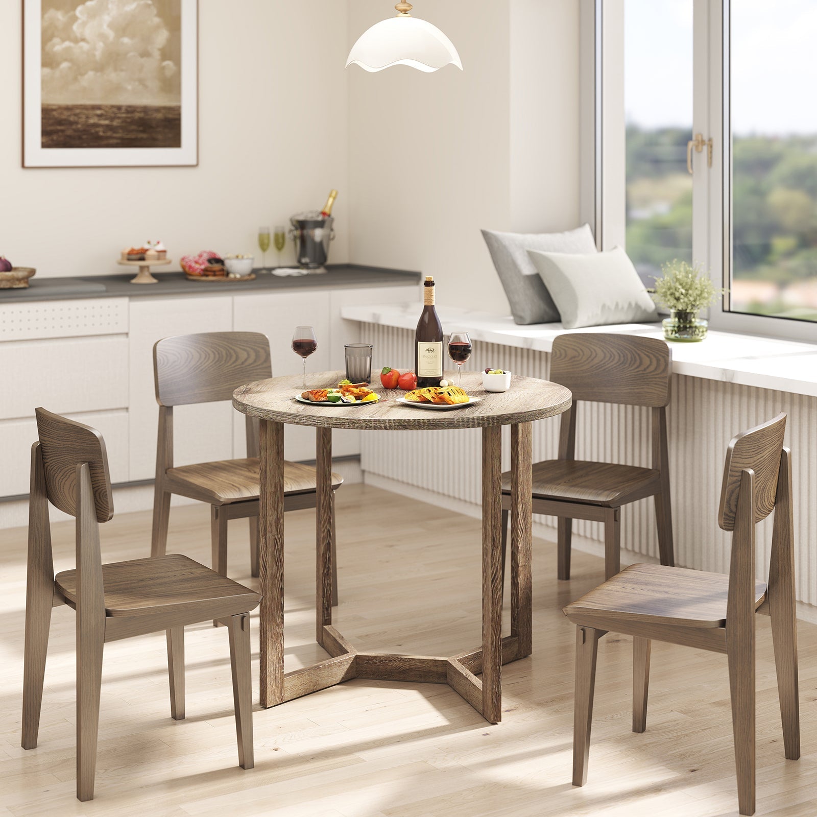 36 Inch Round Wood Dining Table for 2-4 People with Wing-shaped Pedestal Base-Grey