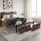Upholstered Platform Bed with Storage and Charging Station in Vintage Brown and Gray