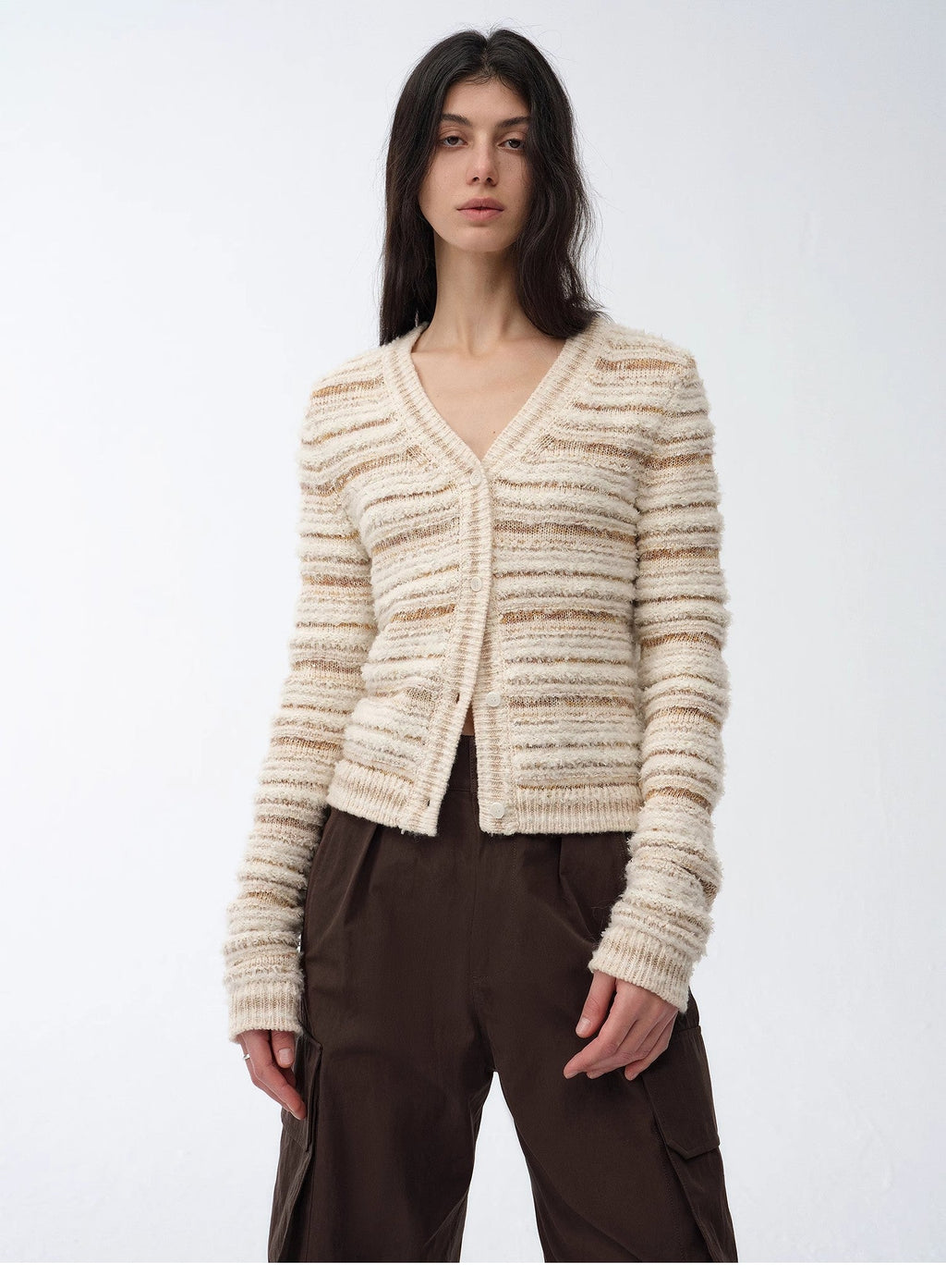 "Nice Weekend" striped mixed woven V-neck early spring layered knitted