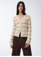 "Nice Weekend" striped mixed woven V-neck early spring layered knitted