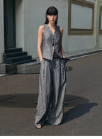 Fireladyfur Women's Linen Suit Set: Draped Vest & High-Waist Straight