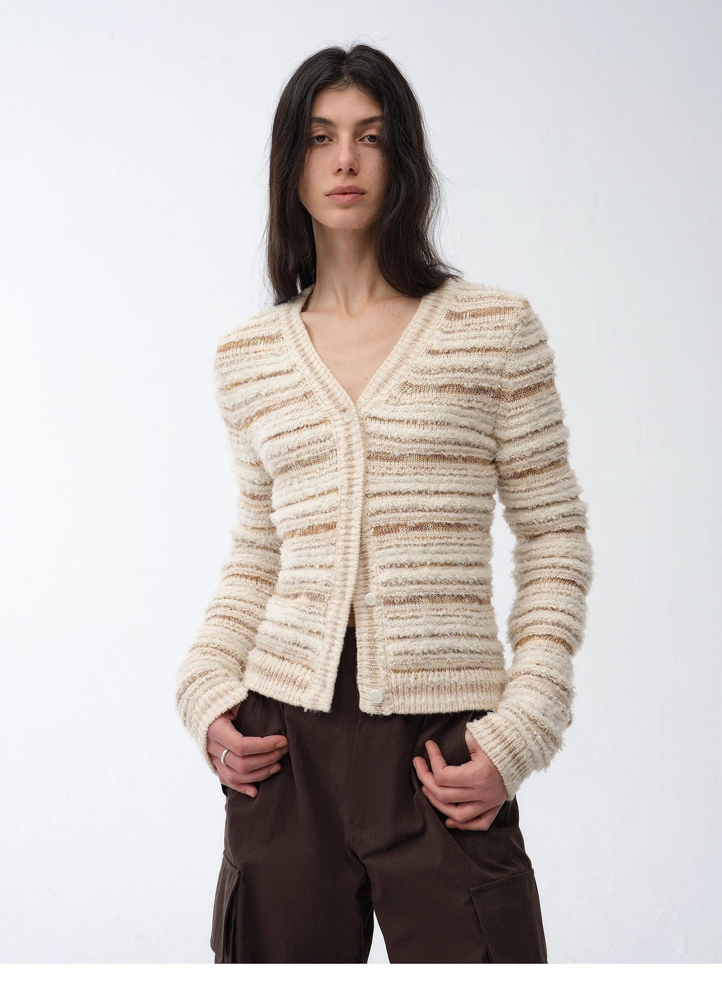 "Nice Weekend" striped mixed woven V-neck early spring layered knitted