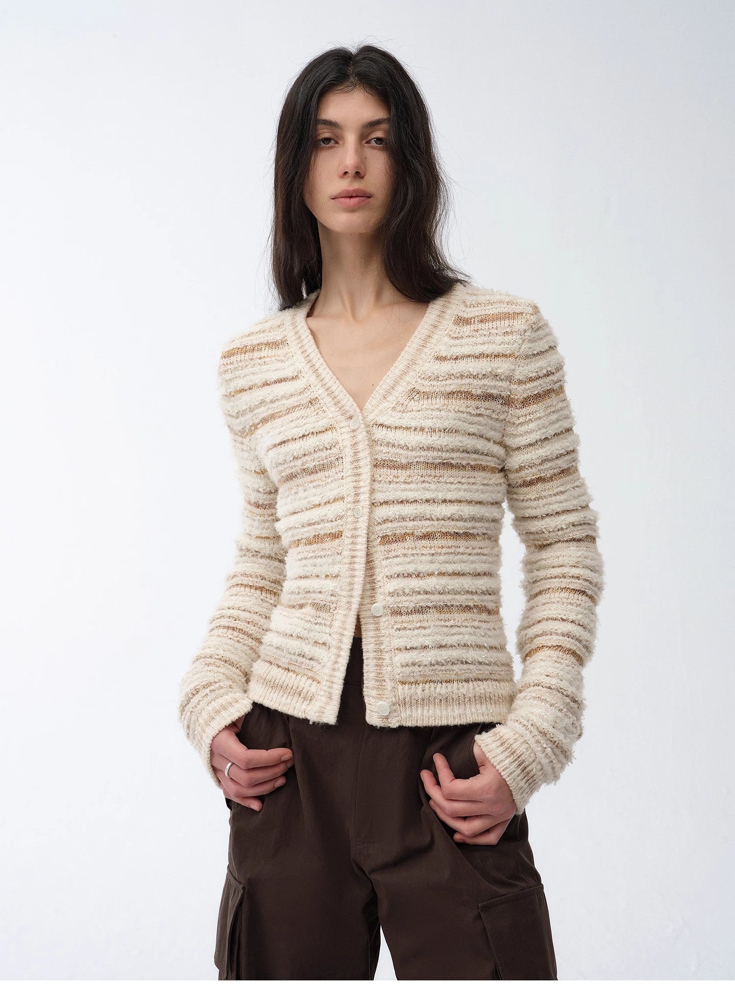 "Nice Weekend" striped mixed woven V-neck early spring layered knitted