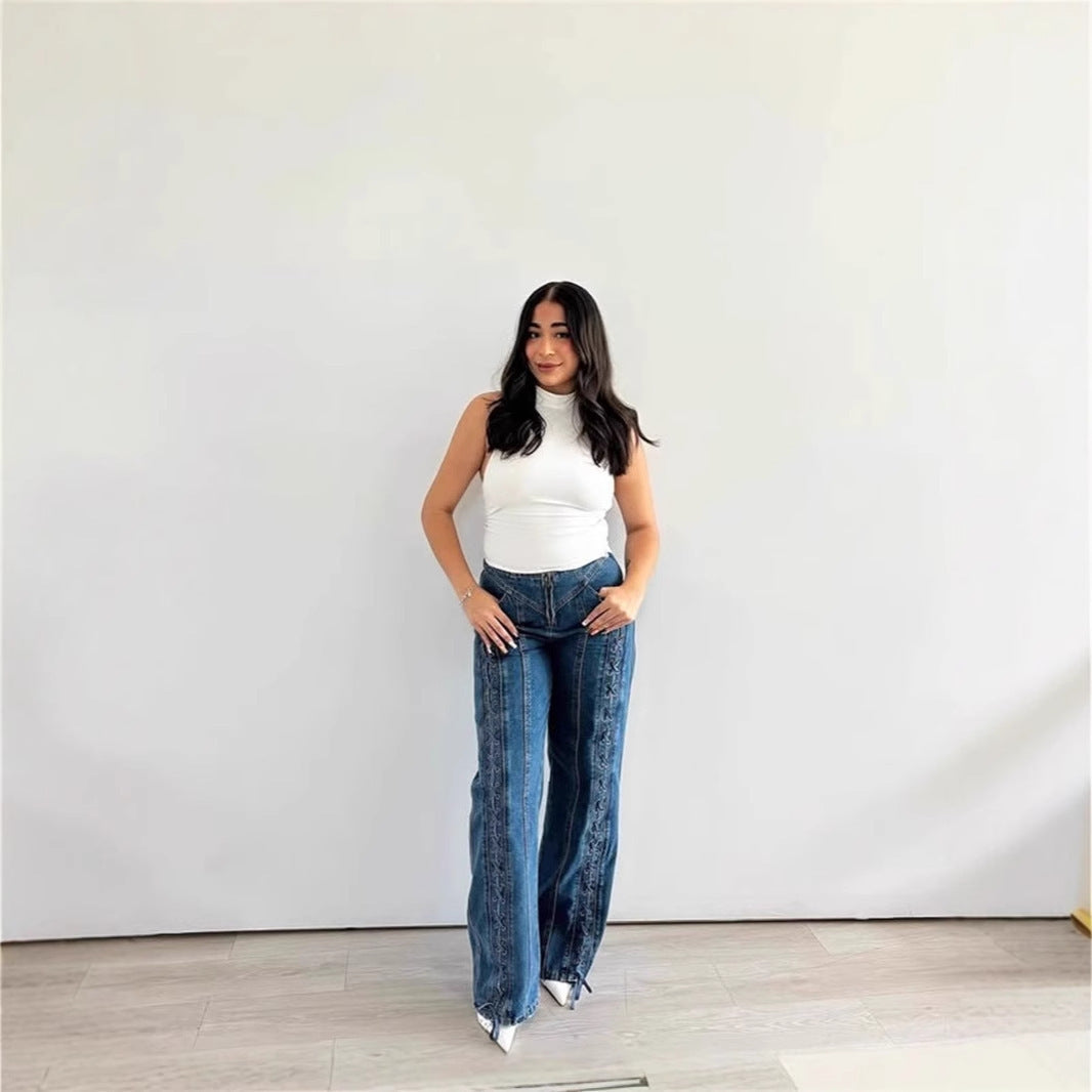 New Low Waist Hollow Lace-up Wide-leg Jeans For Women