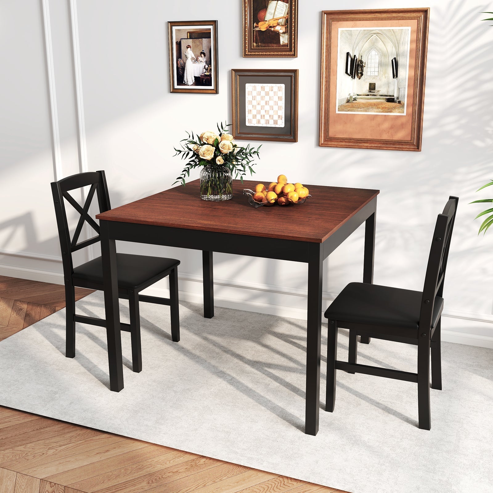 3-Piece Dining Table Set Wooden Square Kitchen Table for 2 People-Brown