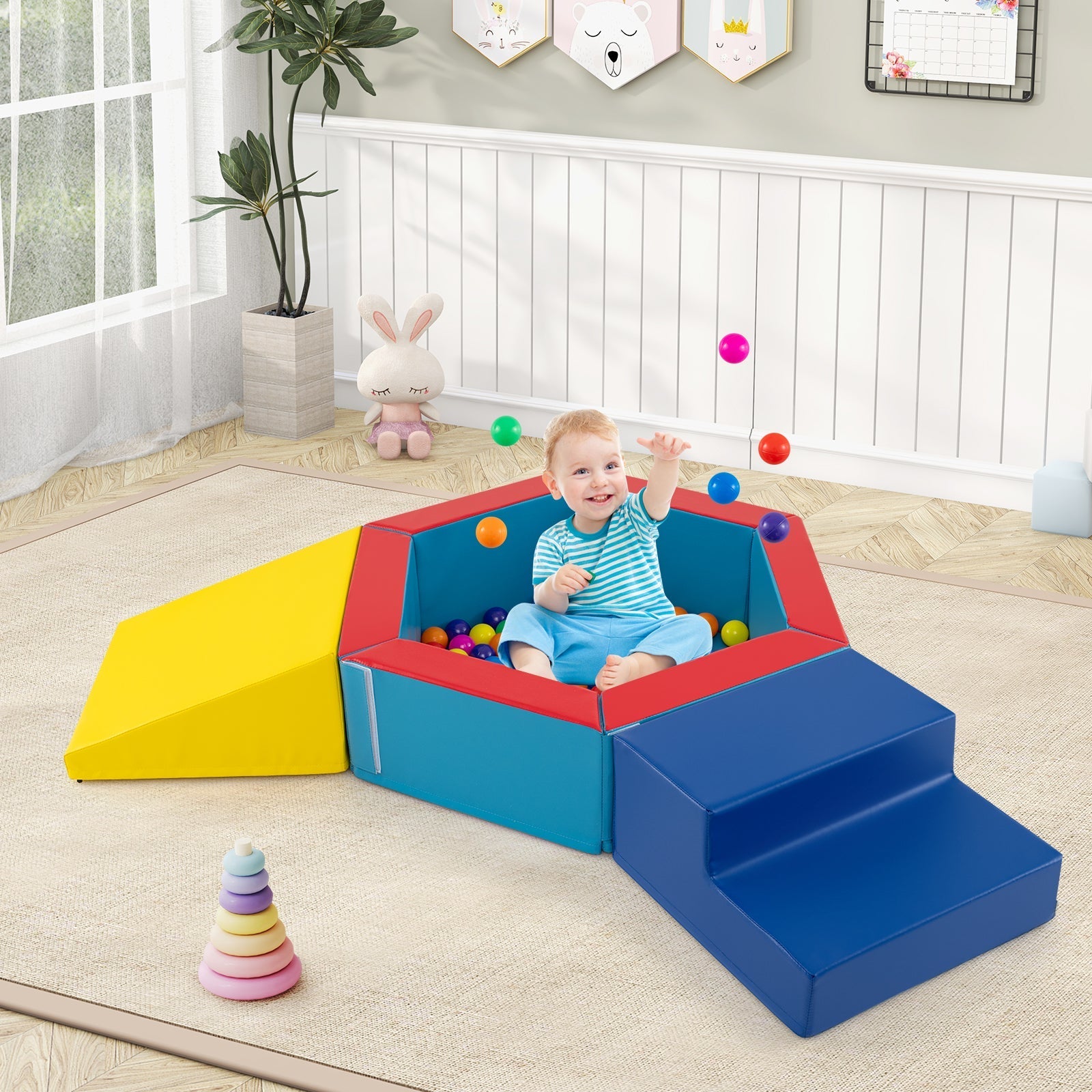 3-Piece Baby Foam Climbing Blocks Climb and Crawl Set with 100 Ocean Balls-Yellow