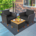 3 Pieces Patio Rattan Bistro Furniture Set with Wooden Table Top-Black
