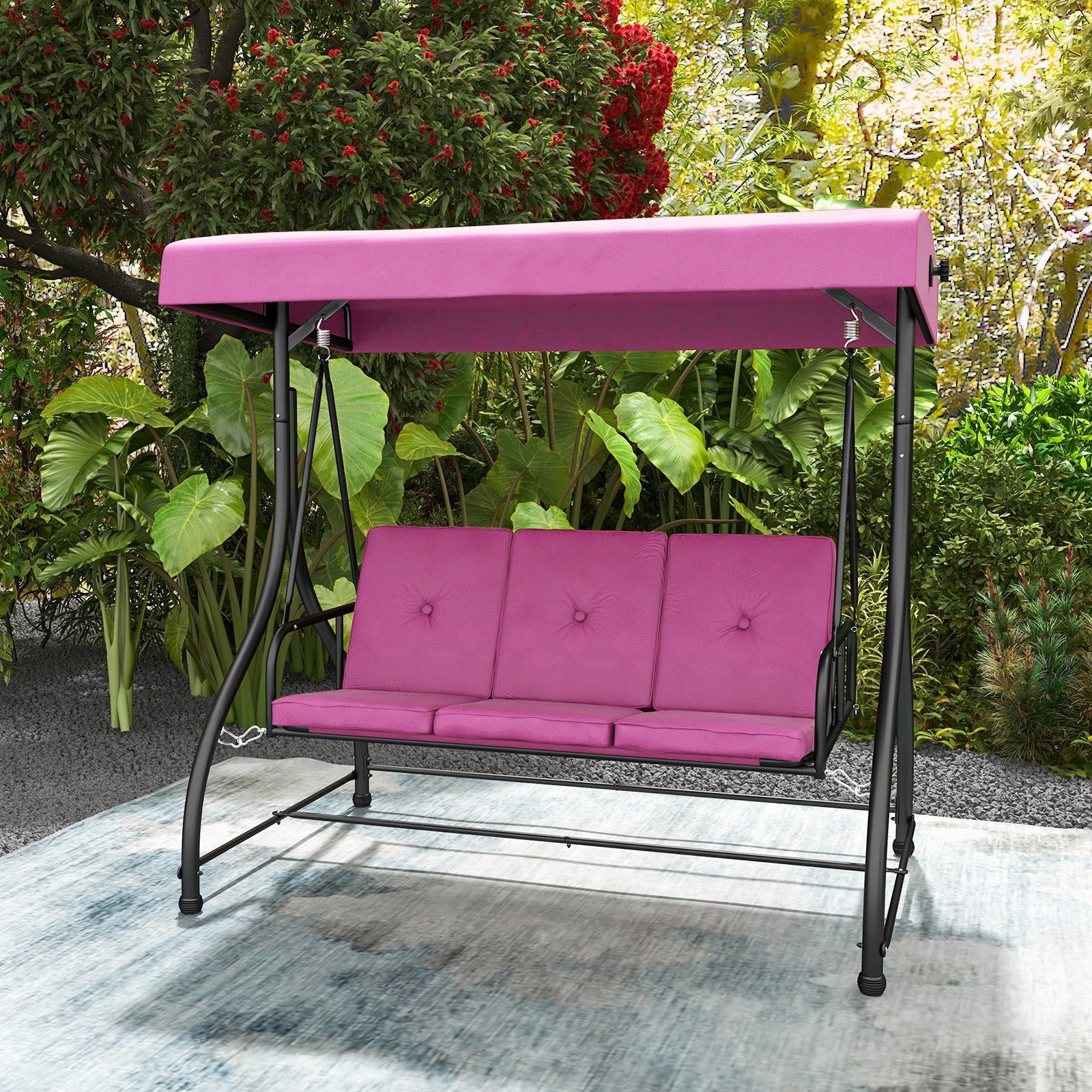 3 Seat Outdoor Porch Swing with Adjustable Canopy-Wine
