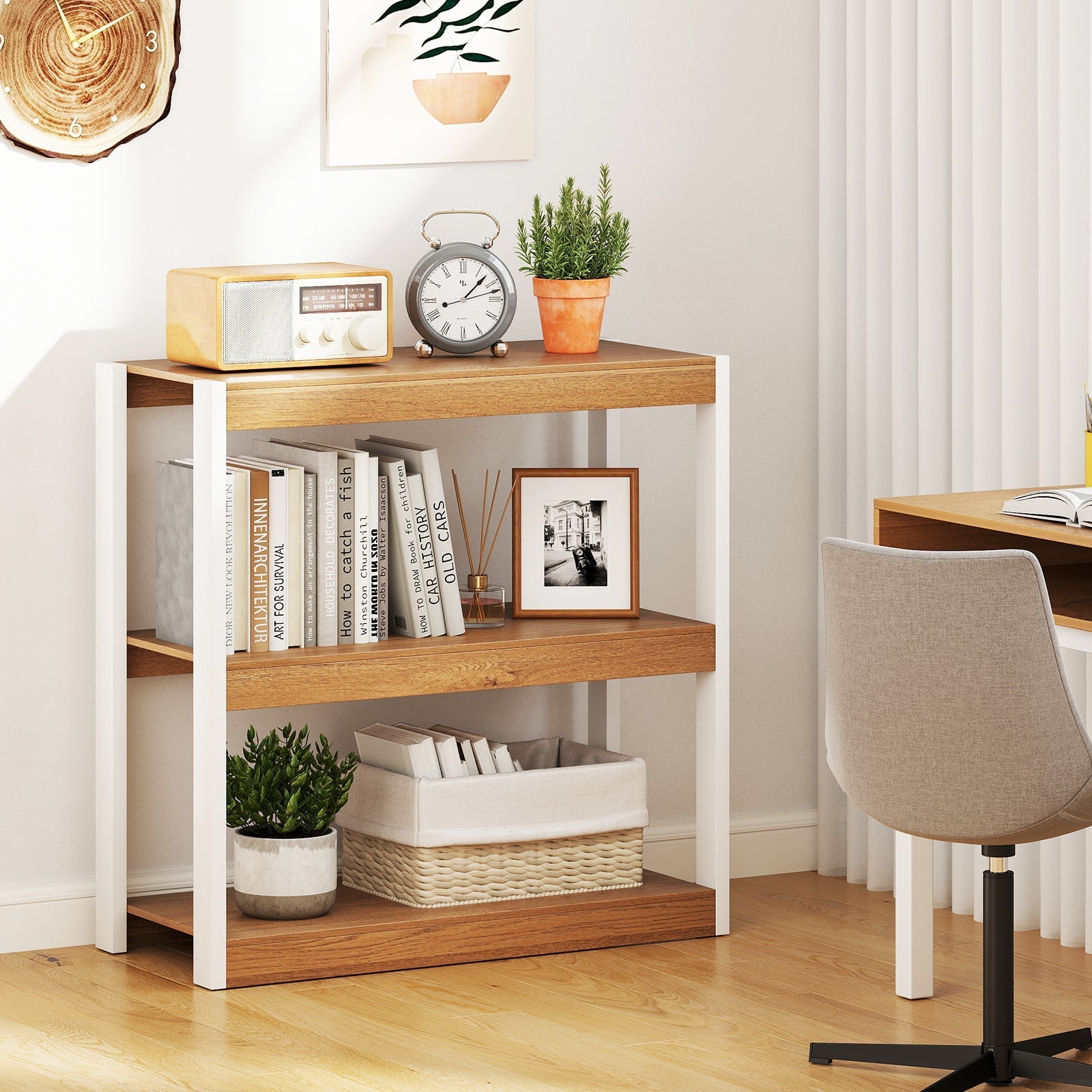 3 Tier Bookshelf Wooden Bookcase with Dual Anti-Tipping Kits-Natural