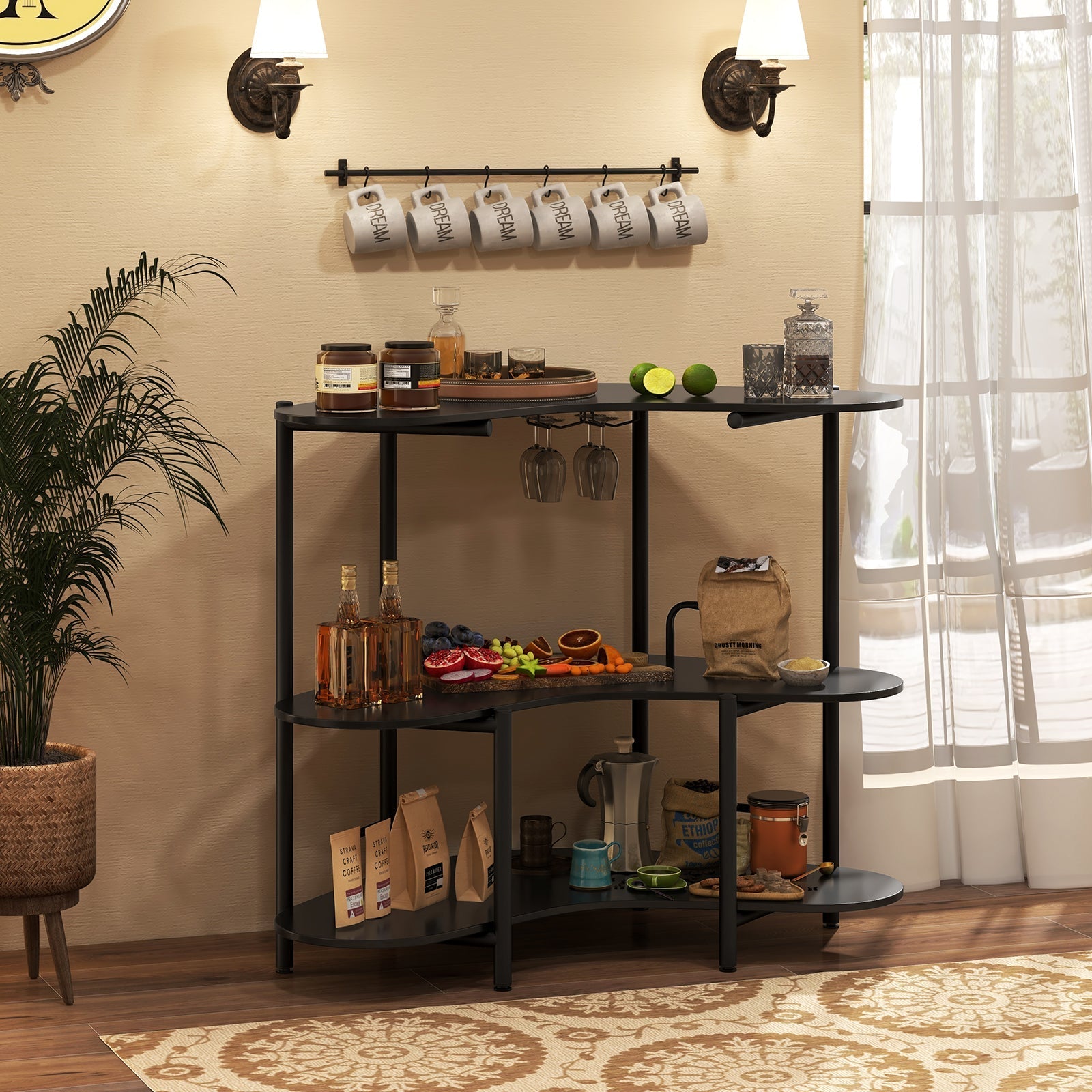 3-Tier Liquor Bar Table with Stemware Racks and Storage Shelves-Black