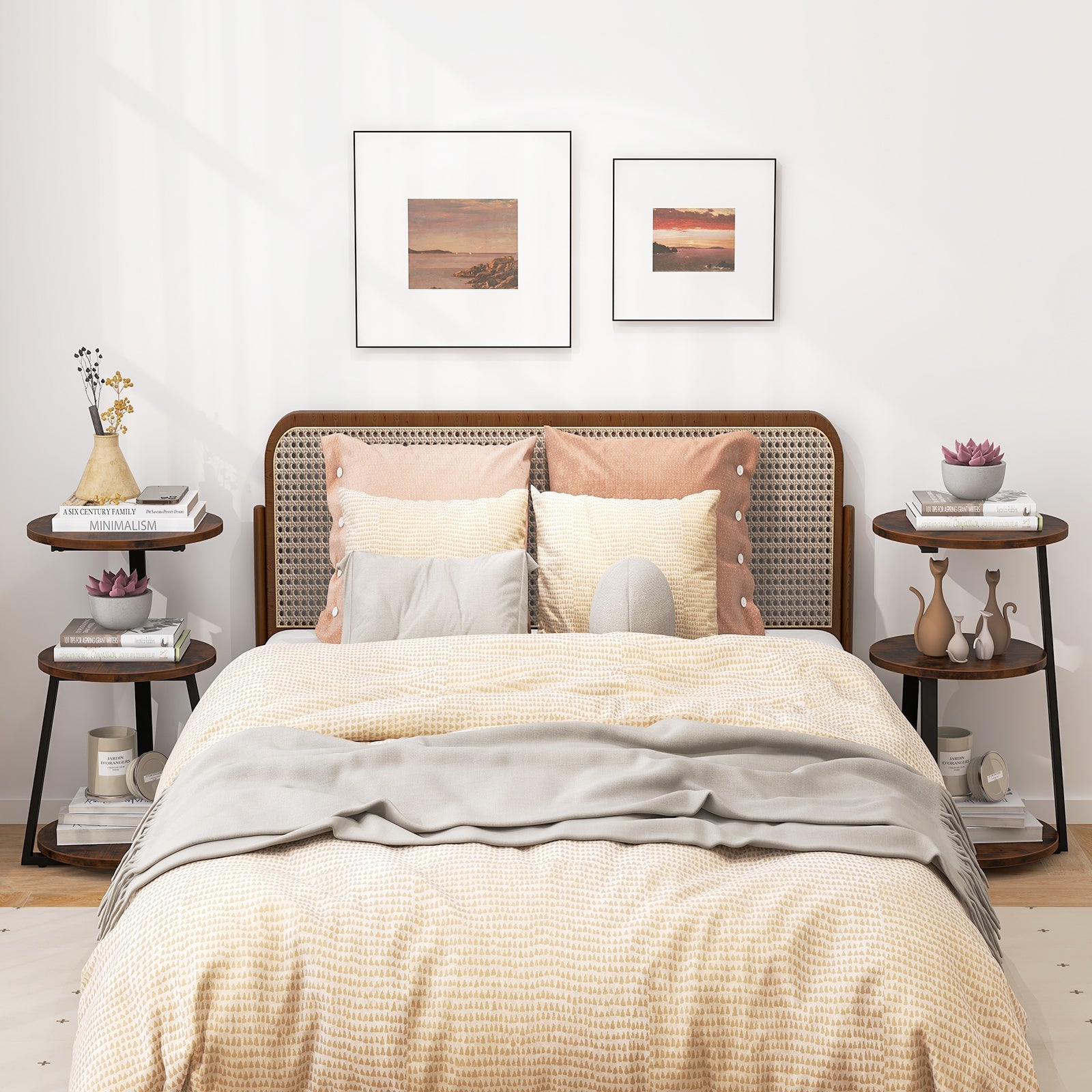 3-Tier Accent Round Side Table with Metal Frame-Set of 2