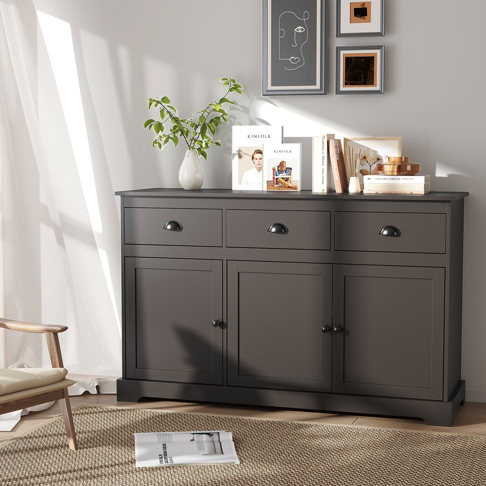 3 Drawers Sideboard Buffet Storage with Adjustable Shelves-Brown